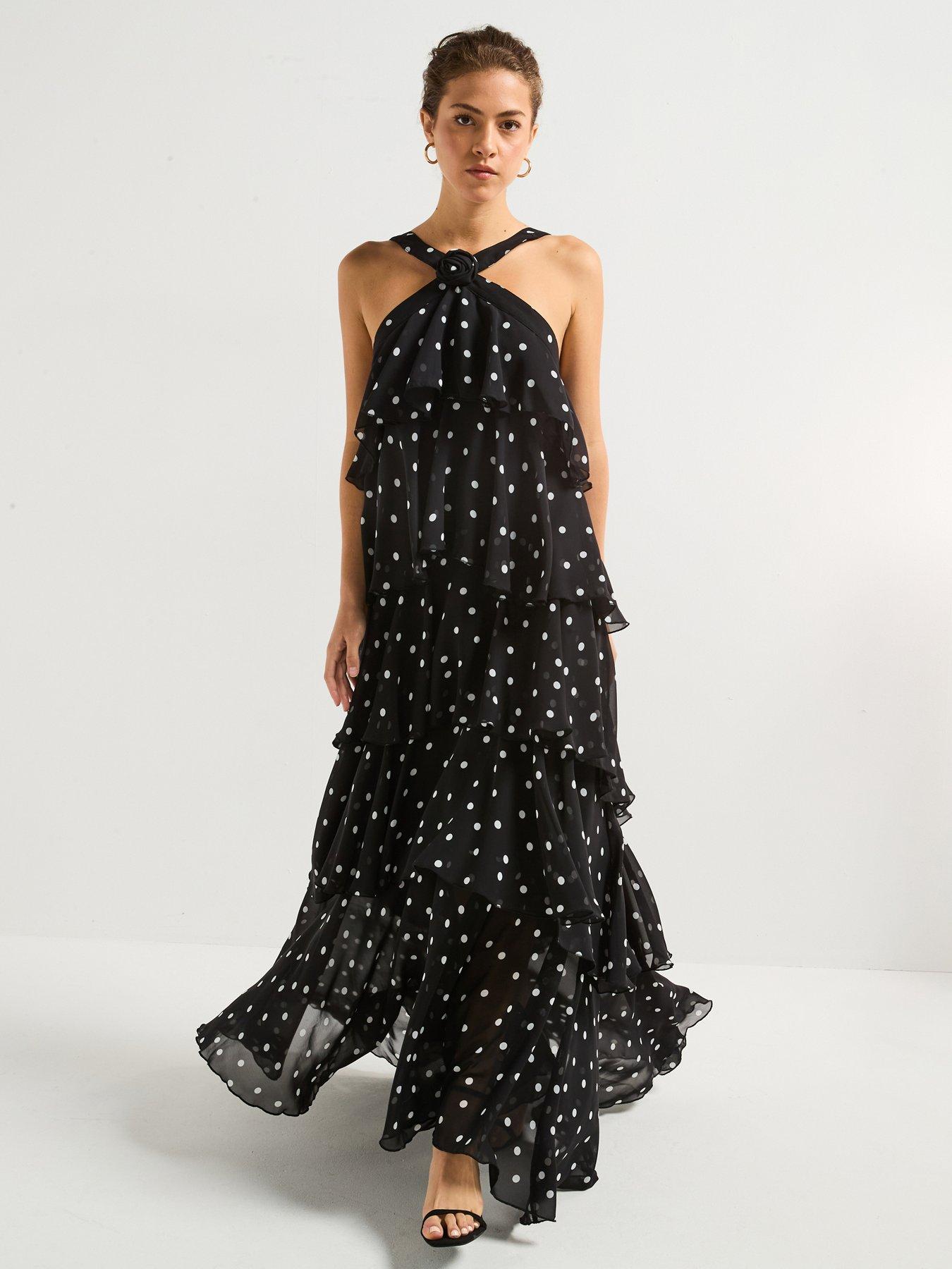 undefined Polka Dot Ruffle Halter Neck Maxi Dress - Black