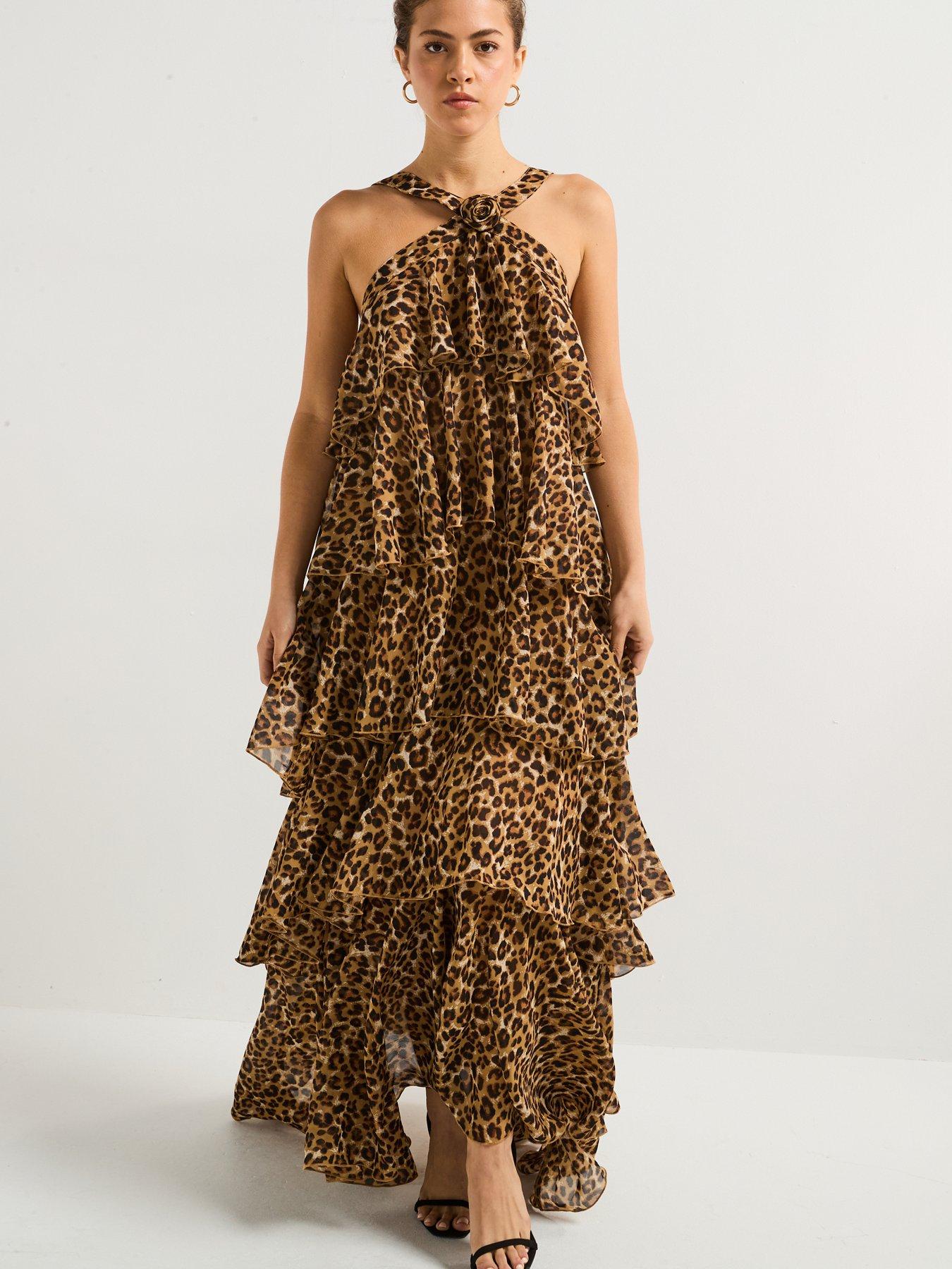 Brown Leopard Printed Halter Neck Backless Ruffled Hem Maxi Dress main image 1