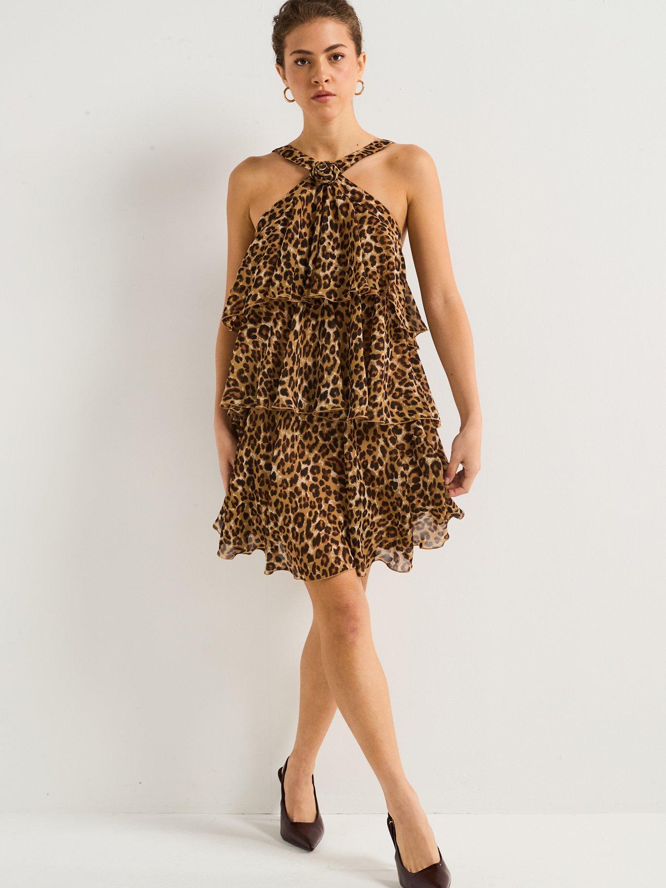  image of vero-moda-leopard-print-ruffle-halter-neck-mini-dress--black-multi