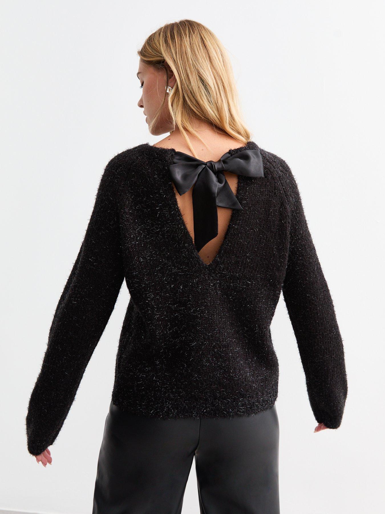 Image 1 of 5 of New Look Sparkle Bow Back Jumper - Black