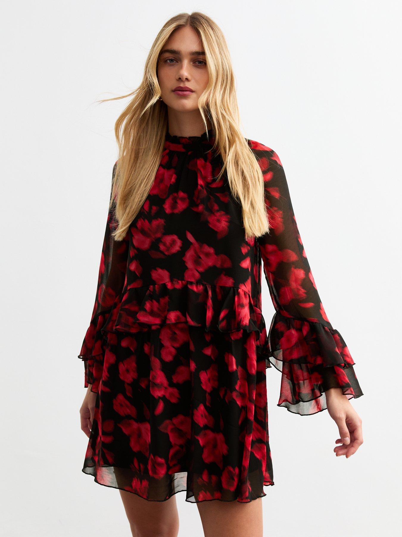 undefined Red Blur Ruffled Chiffon Mini Dress - Rose Print