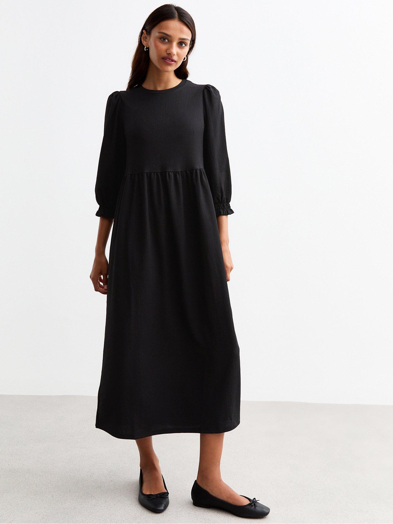 undefined Cropped Sleeve Textured Smock Dress - Black