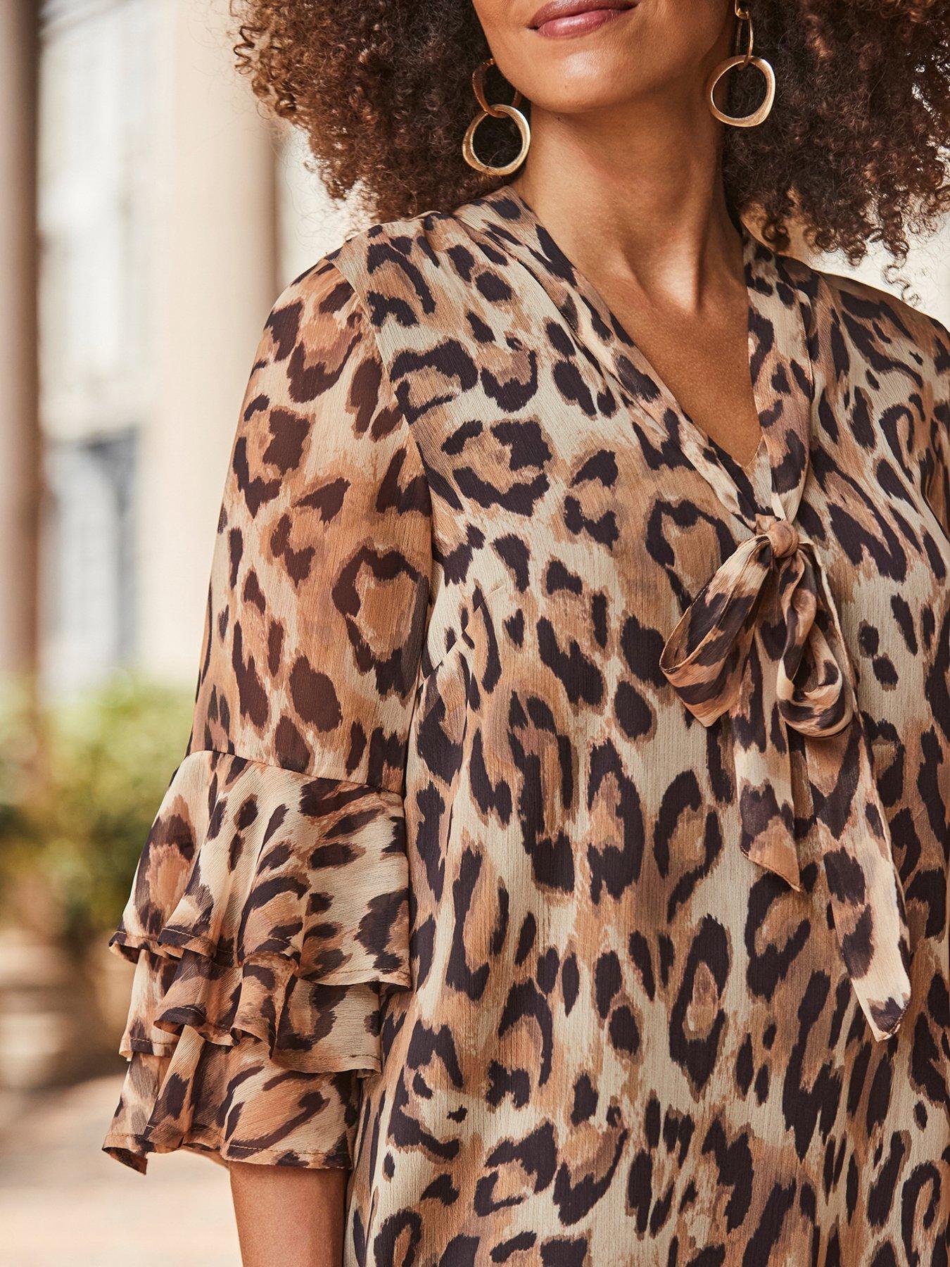  image of sosandar-leopard-print-frill-sleeve-tie-neck-shift-dress-multi