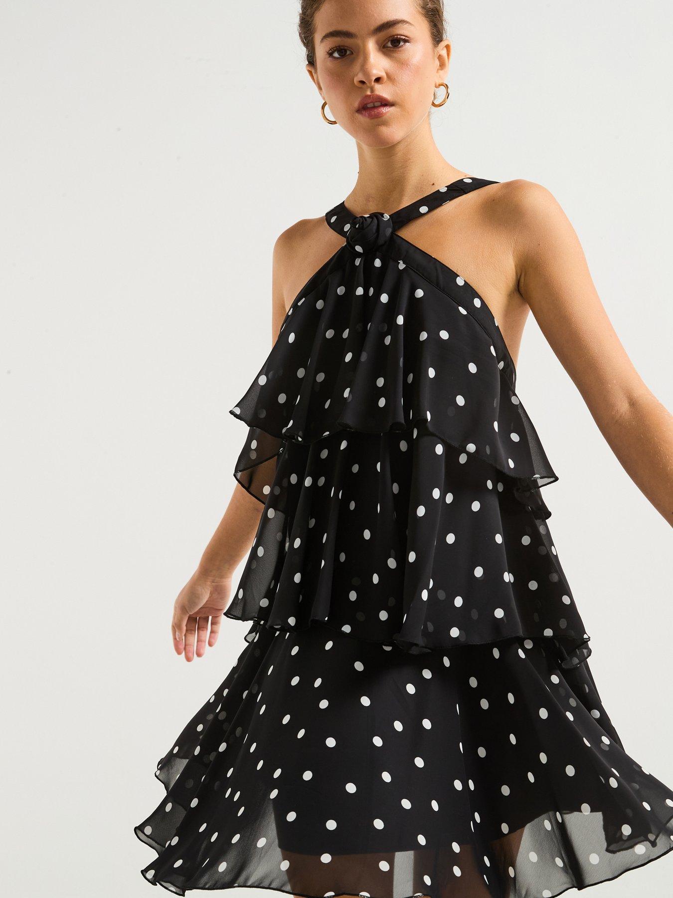 undefined Polka Dot Ruffle Halter Neck Mini Dress - Black