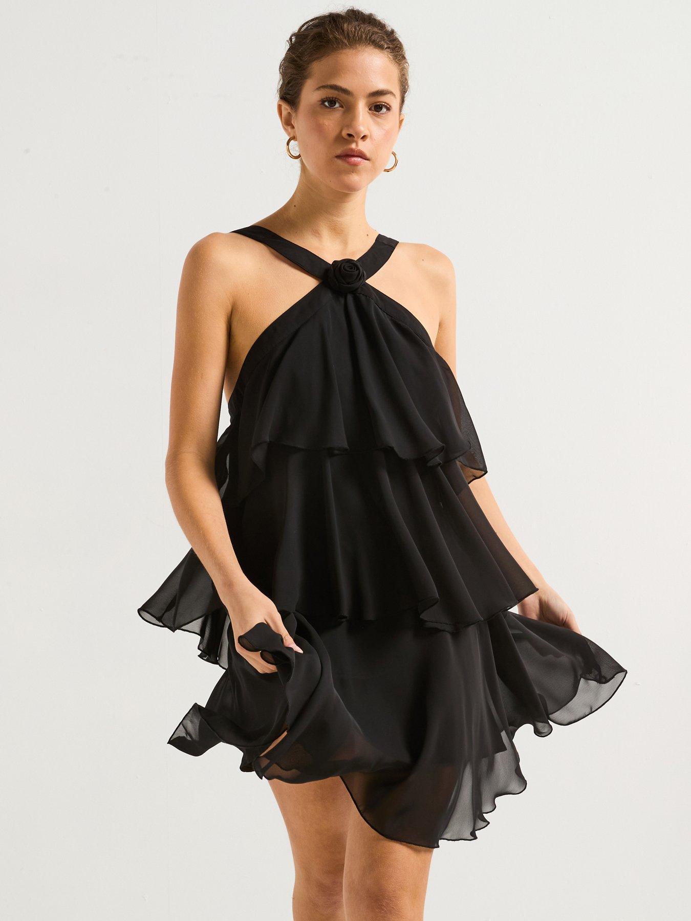 undefined Ruffle Halter Neck Mini Dress - Black