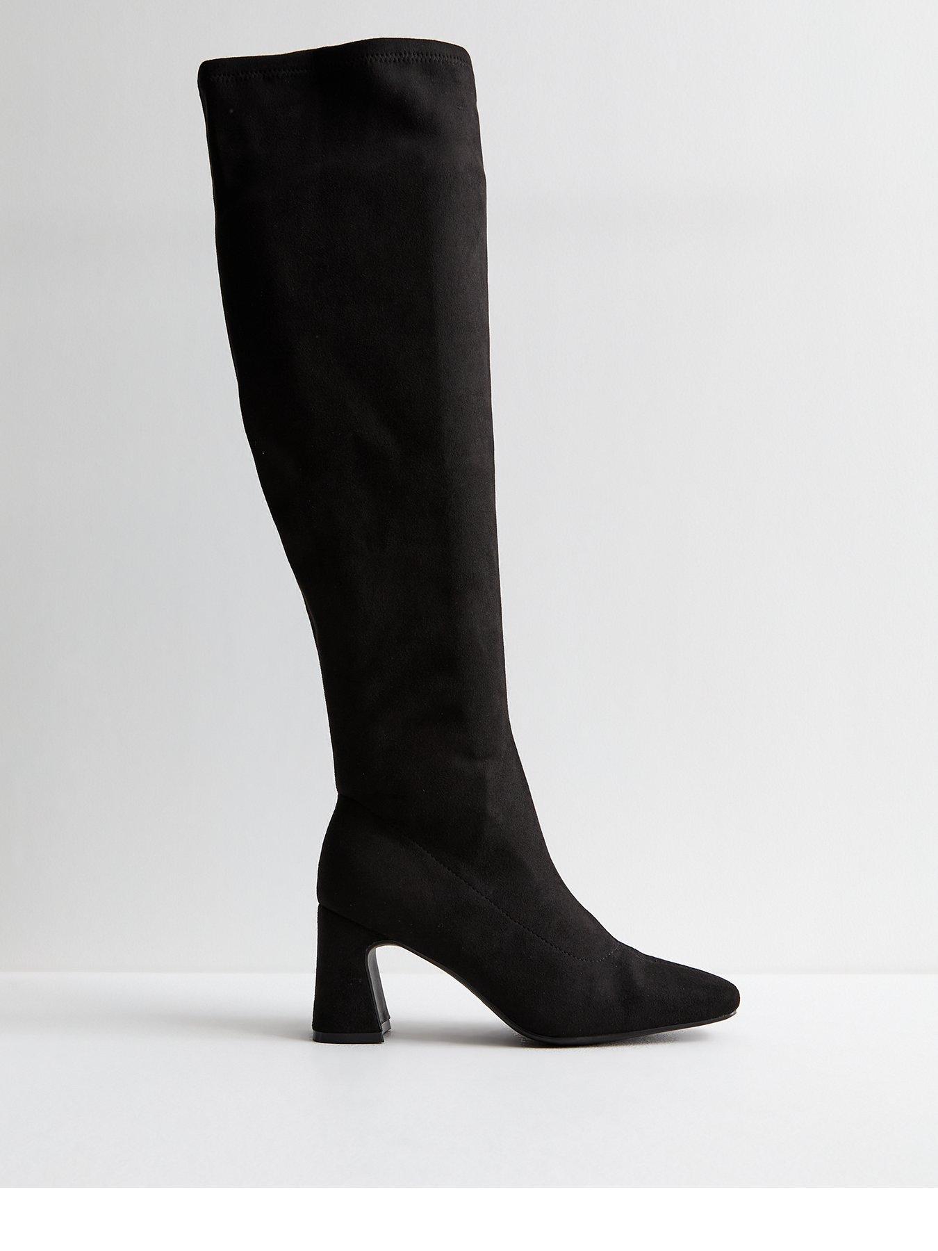  image of new-look-wide-fit-suedette-block-heel-knee-high-boots-black