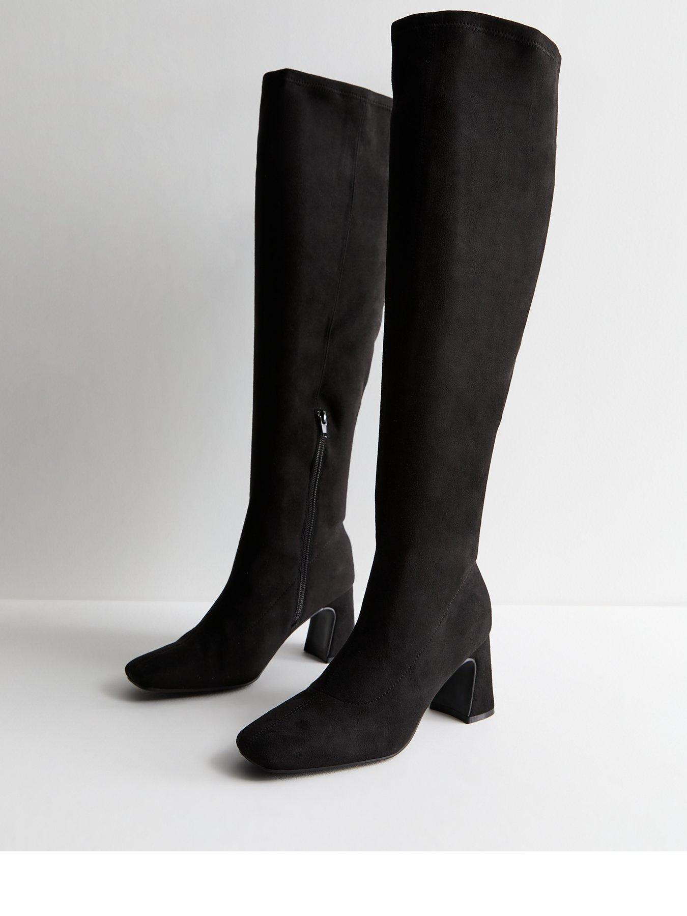  image of new-look-wide-fit-suedette-block-heel-knee-high-boots-black