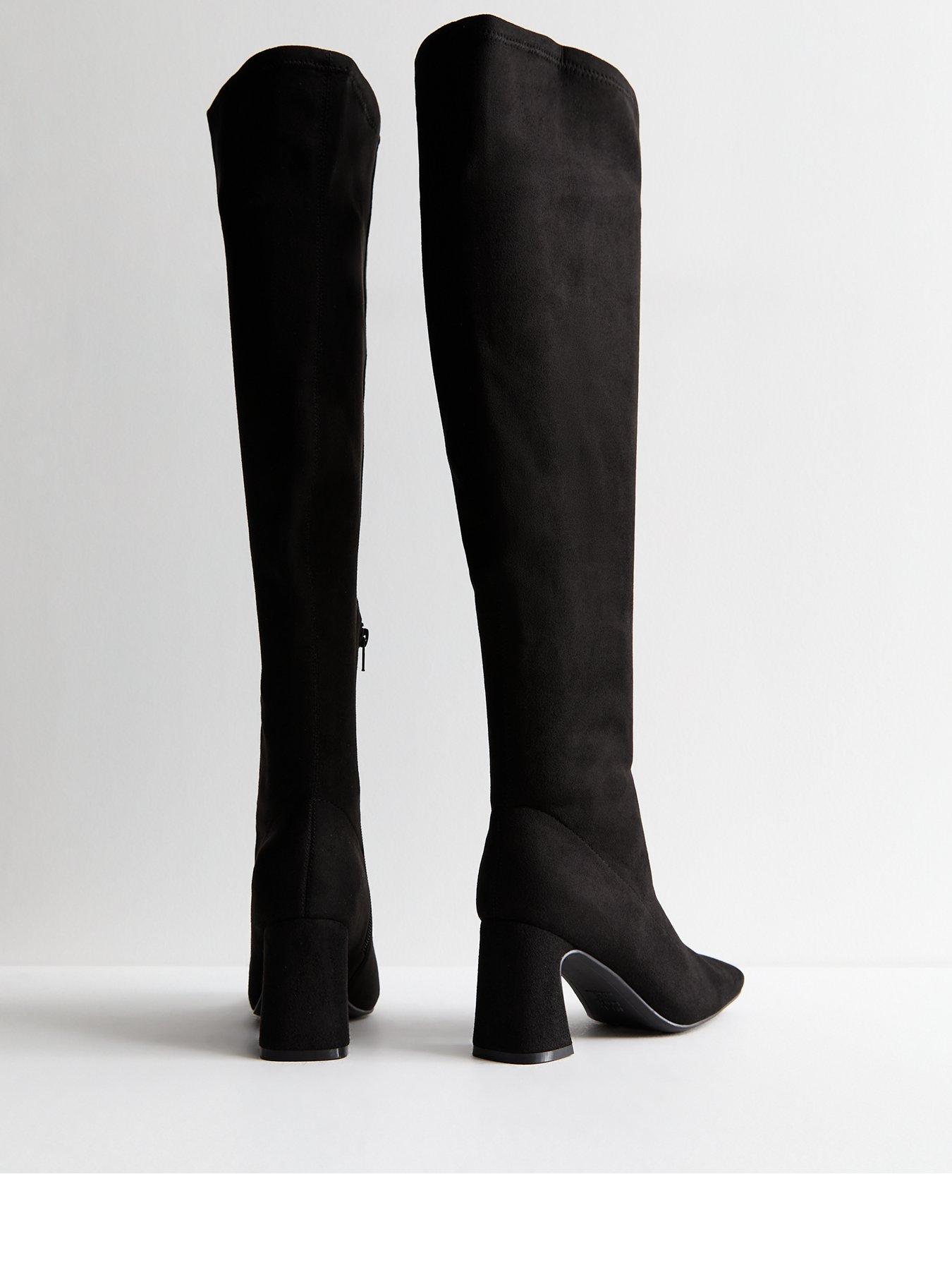  image of new-look-wide-fit-suedette-block-heel-knee-high-boots-black