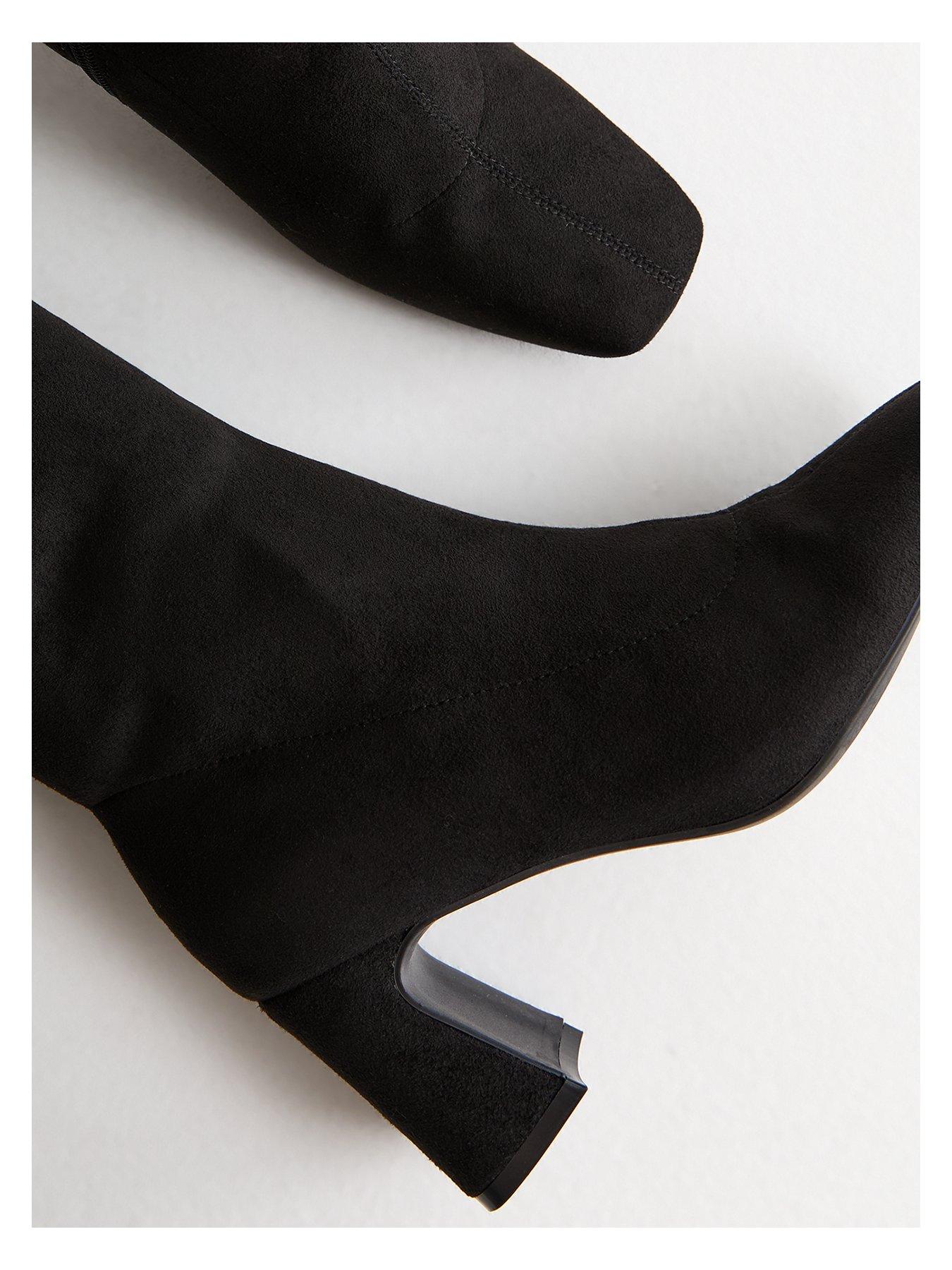  image of new-look-wide-fit-suedette-block-heel-knee-high-boots-black