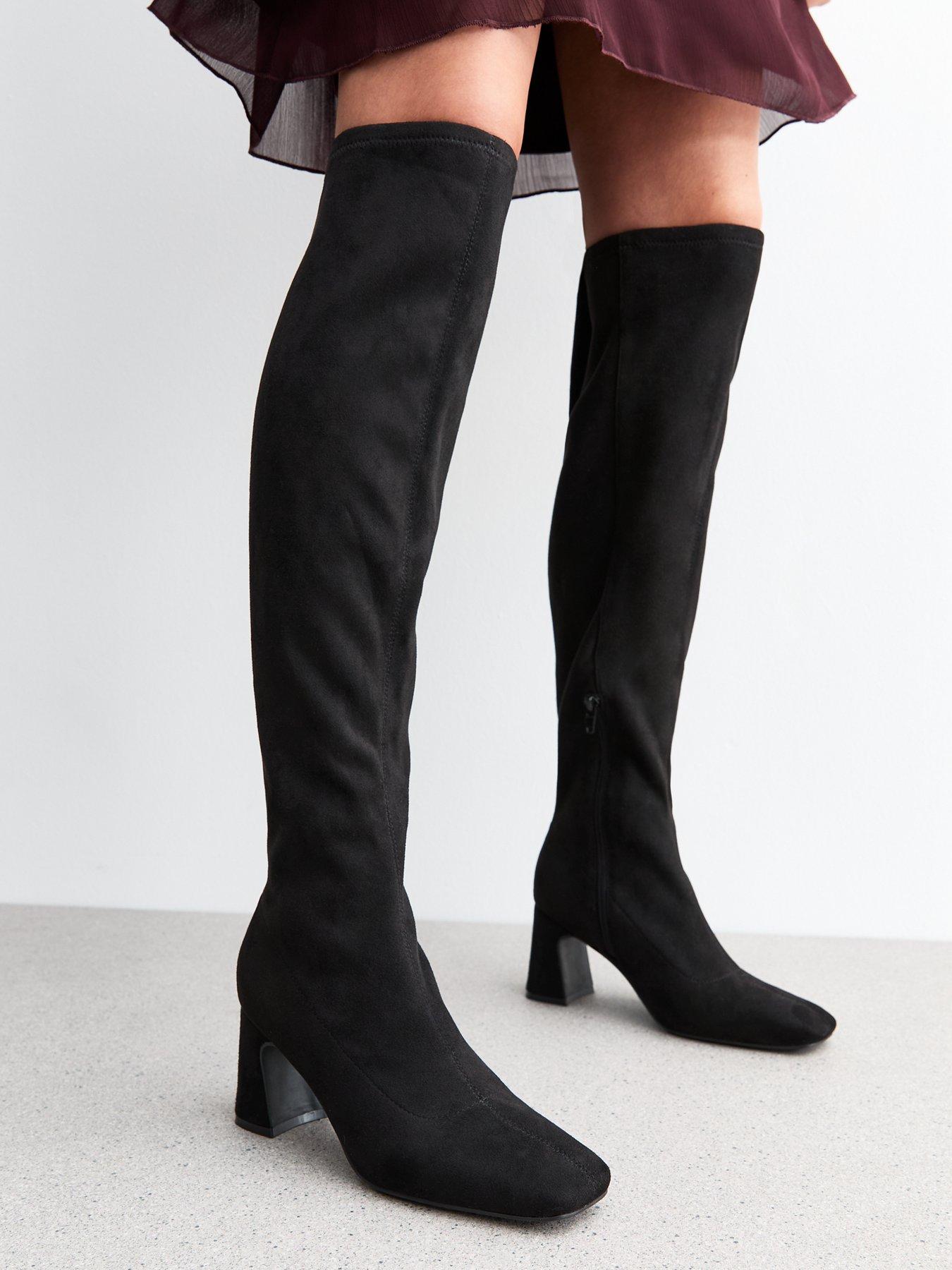  image of new-look-wide-fit-suedette-block-heel-knee-high-boots-black
