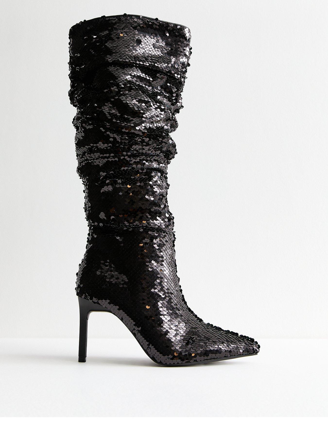 undefined Sequinned Stiletto Knee High Boots - Black