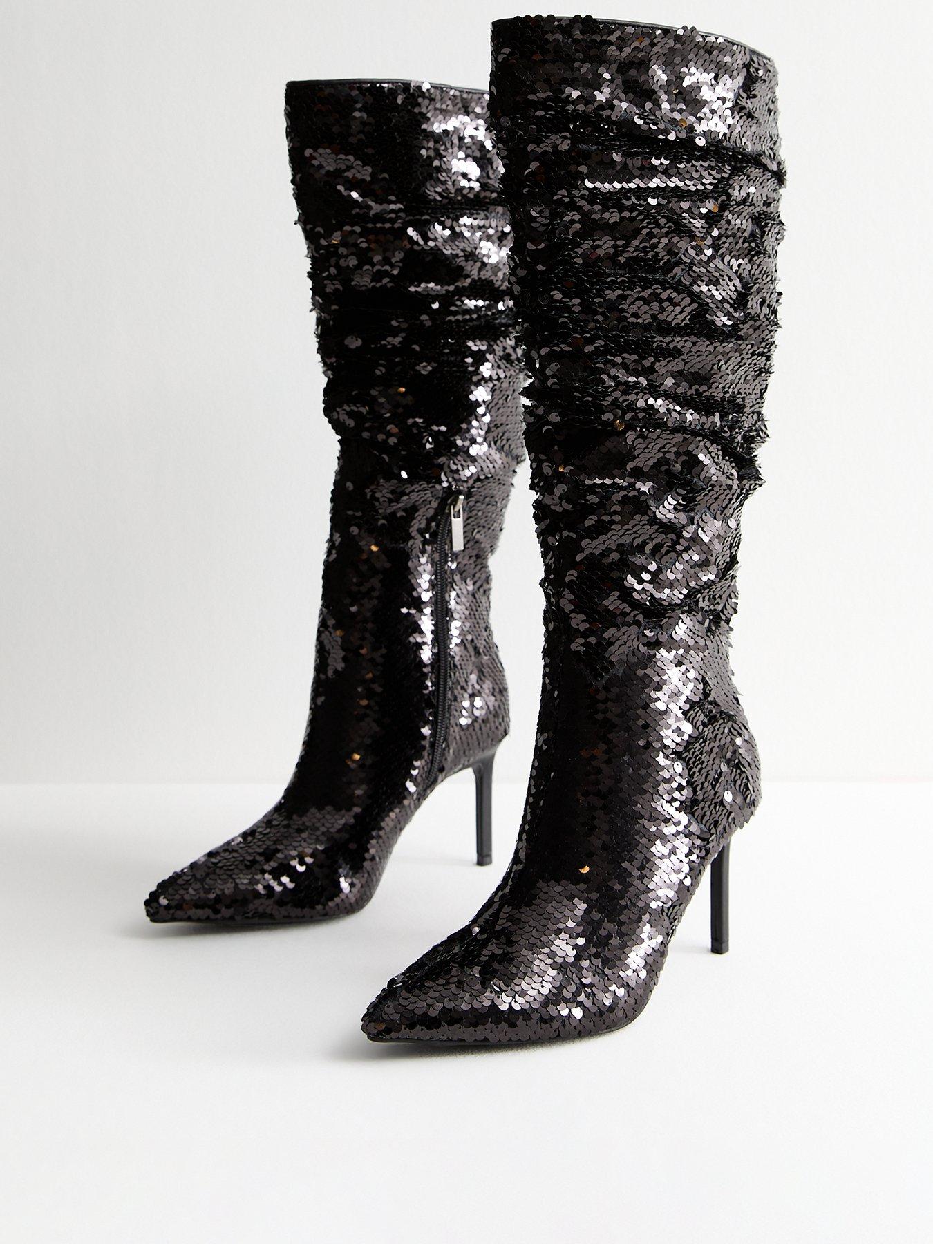 Image 2 of 6 of New Look Sequinned Stiletto Knee High Boots - Black