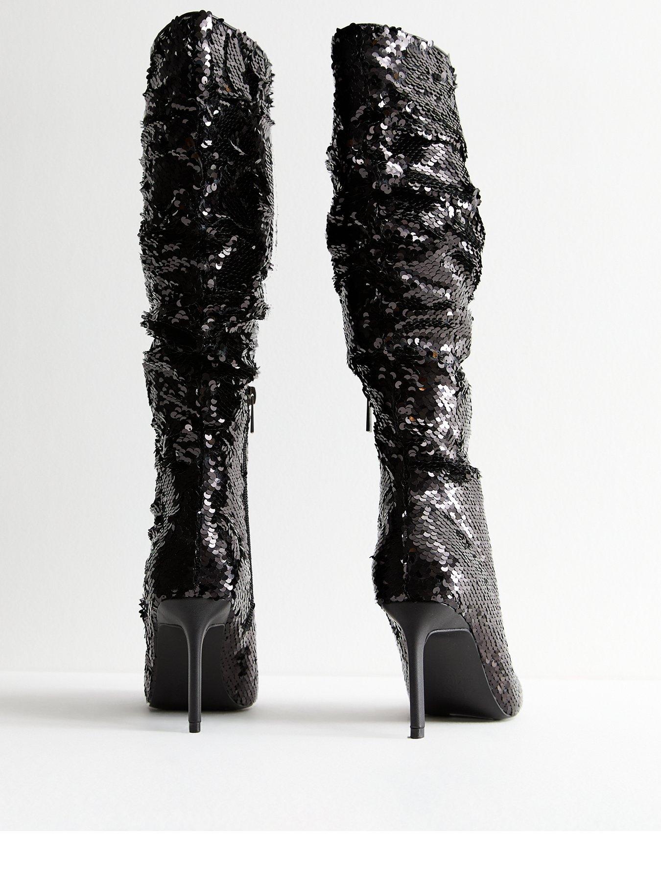Image 3 of 6 of New Look Sequinned Stiletto Knee High Boots - Black