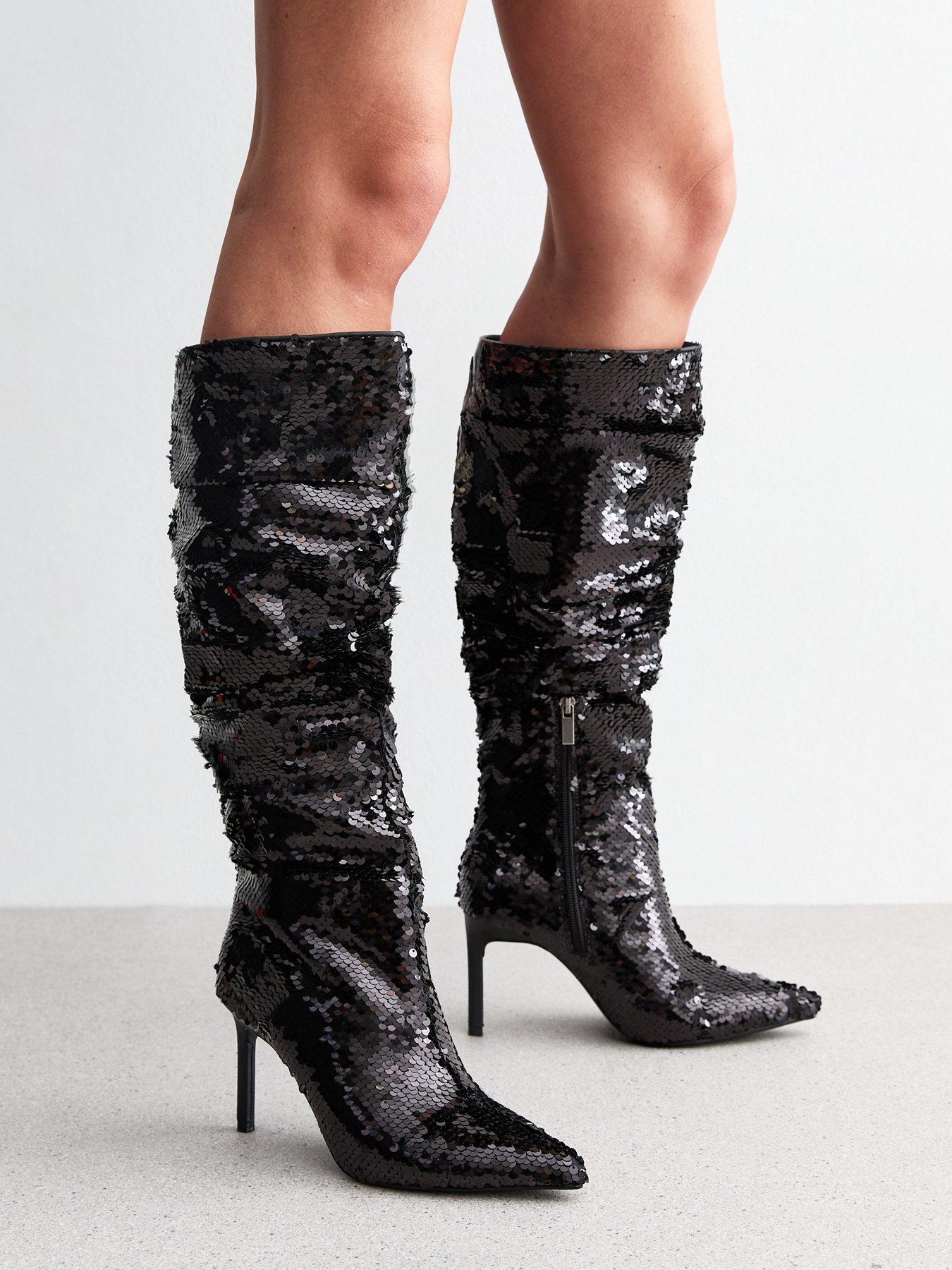 Image 5 of 6 of New Look Sequinned Stiletto Knee High Boots - Black
