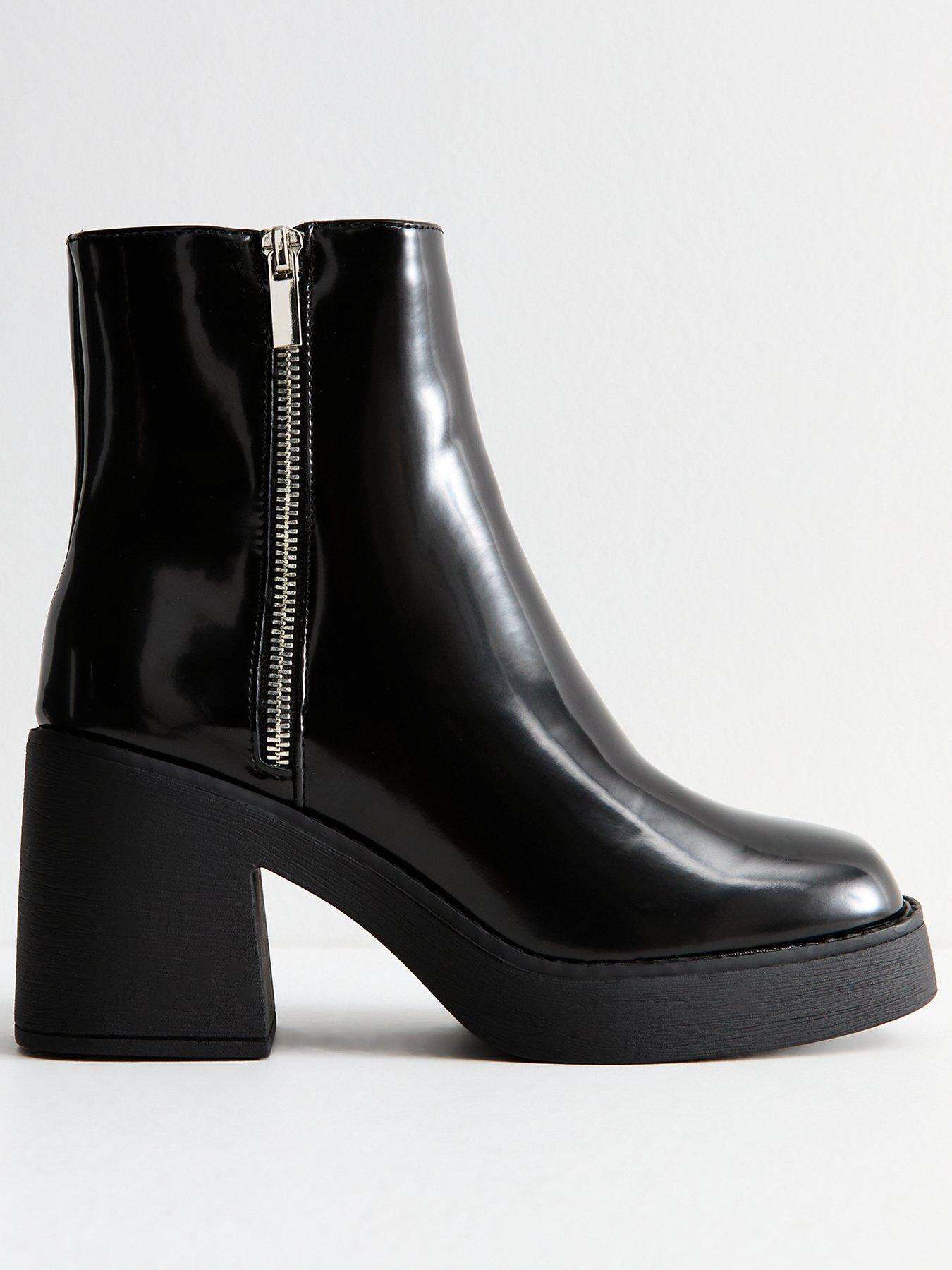 undefined Faux Leather Block Heel Ankle Boots - Black