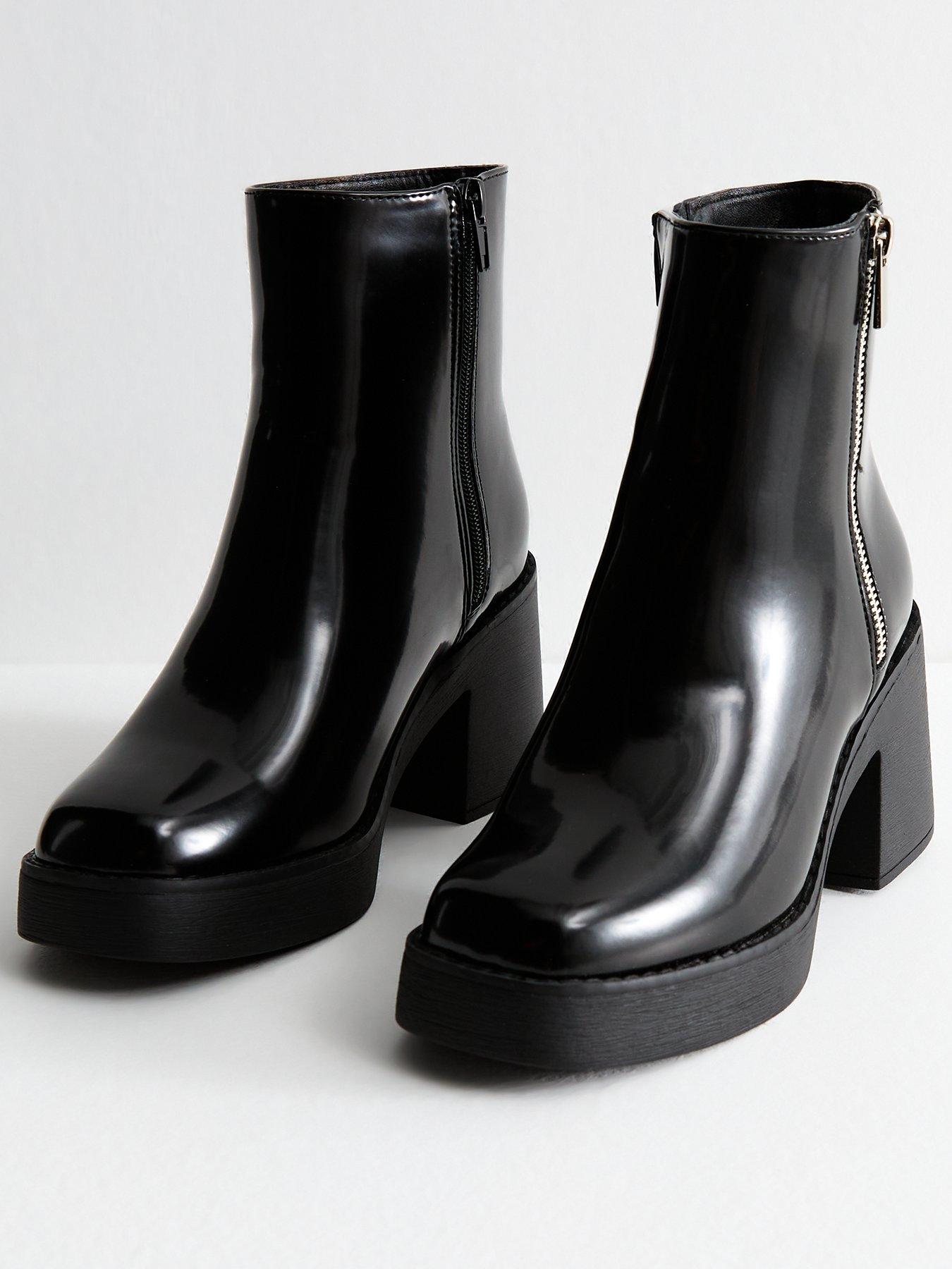 Image 2 of 5 of New Look Faux Leather Block Heel Ankle Boots - Black