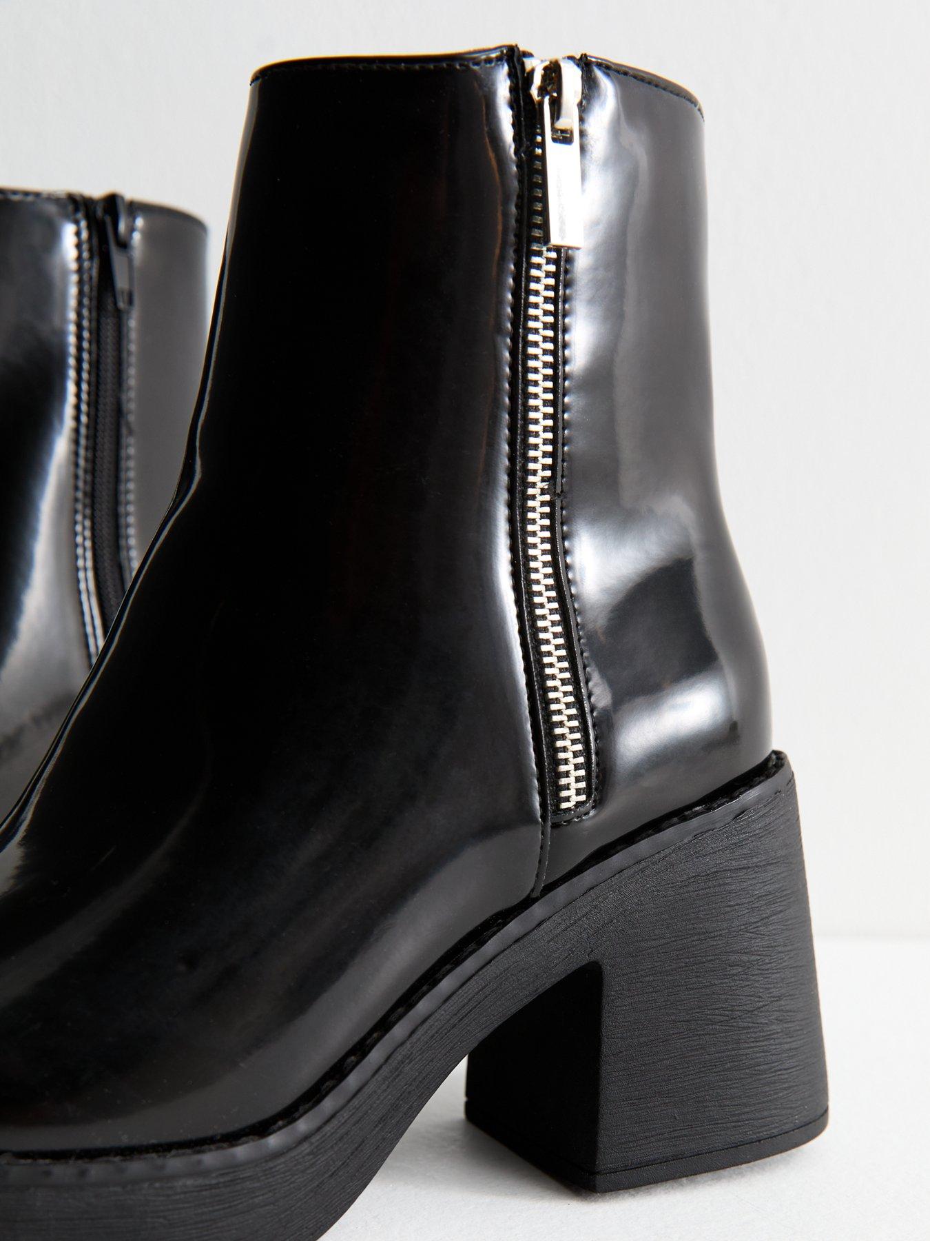 Image 4 of 5 of New Look Faux Leather Block Heel Ankle Boots - Black