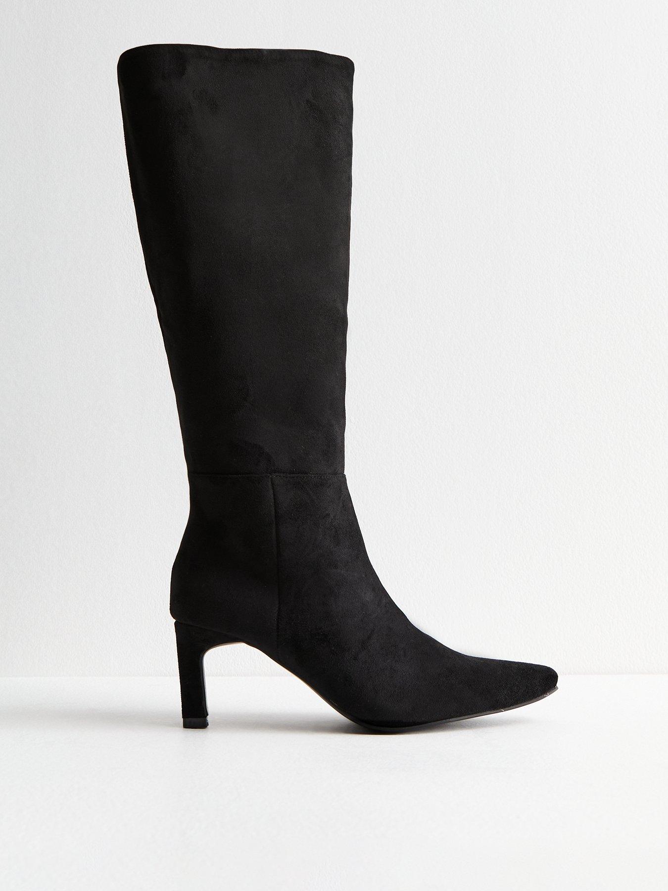 undefined Kitten Heel Faux Suede Knee High Boots - Black