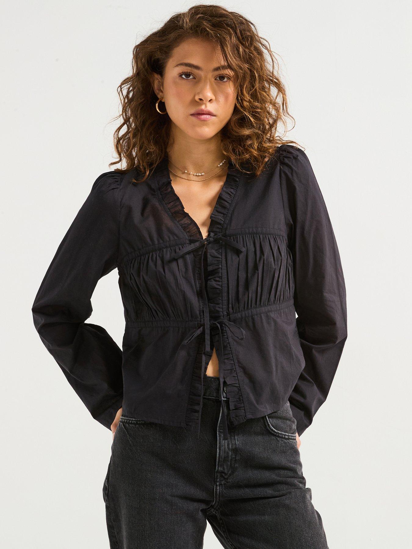 undefined V Neck Frill Detail Blouse - Black