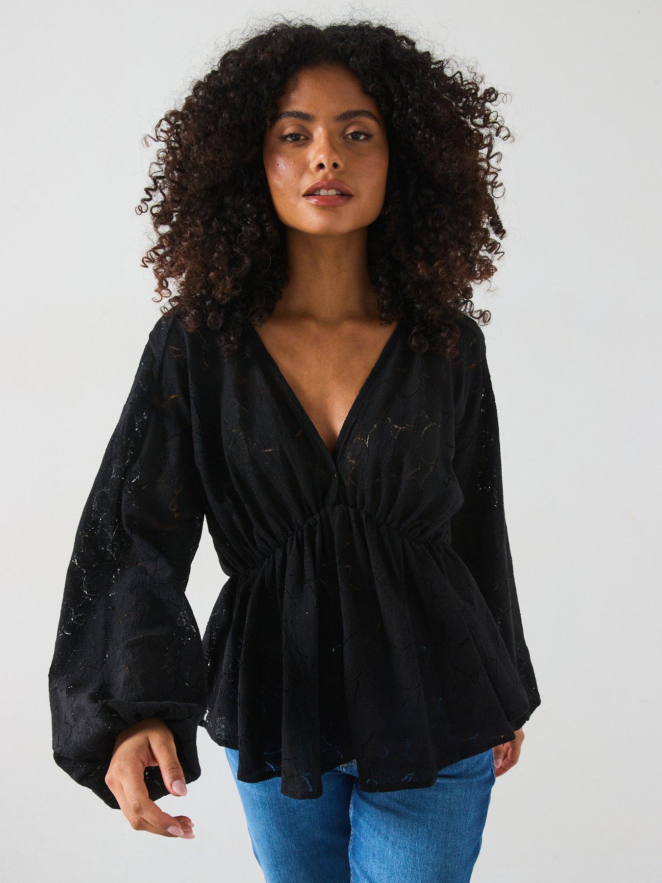 undefined V Neck Lace Detail Blouse - Black