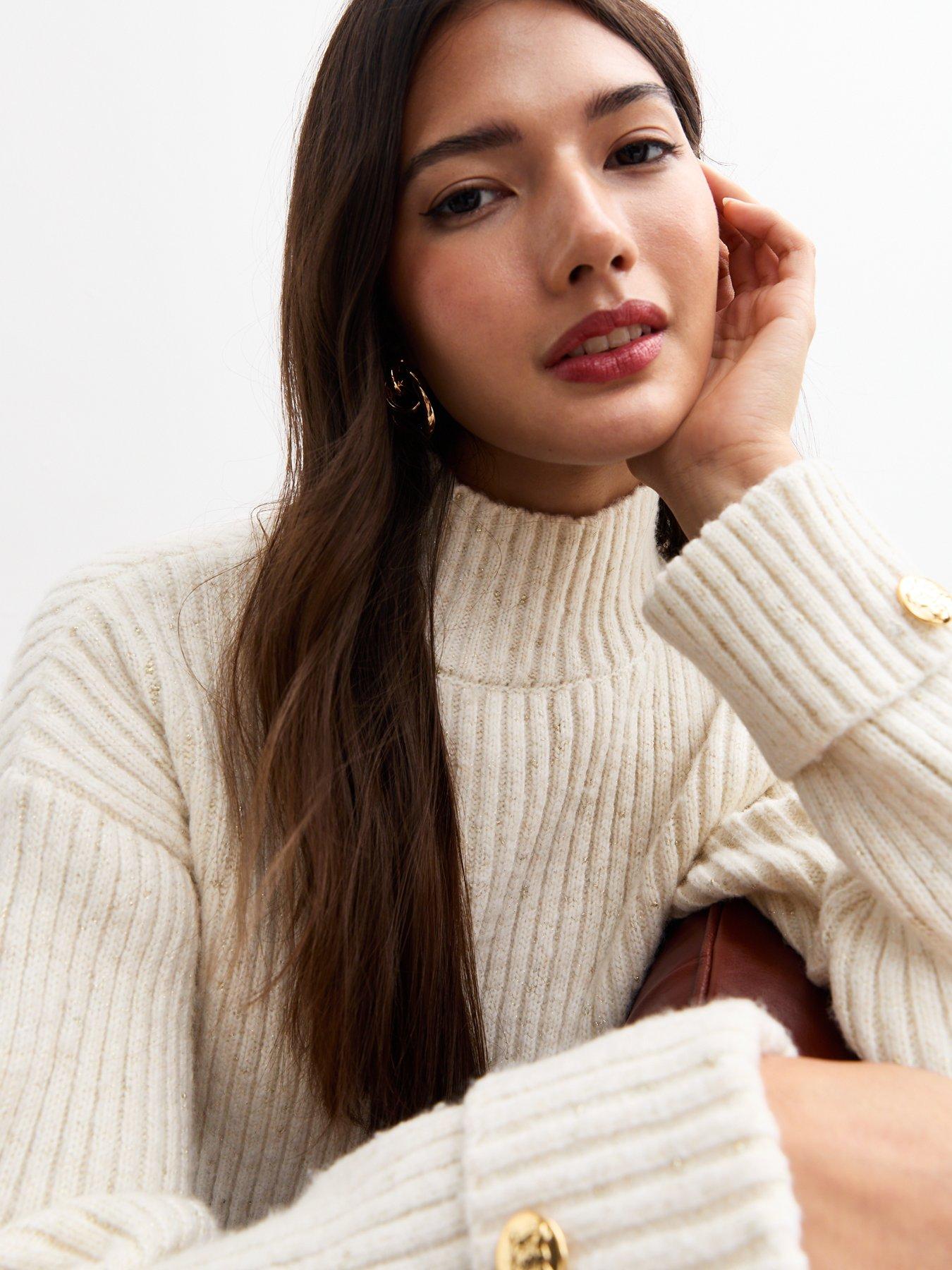  image of new-look-ribbed-high-neck-jumper-cream
