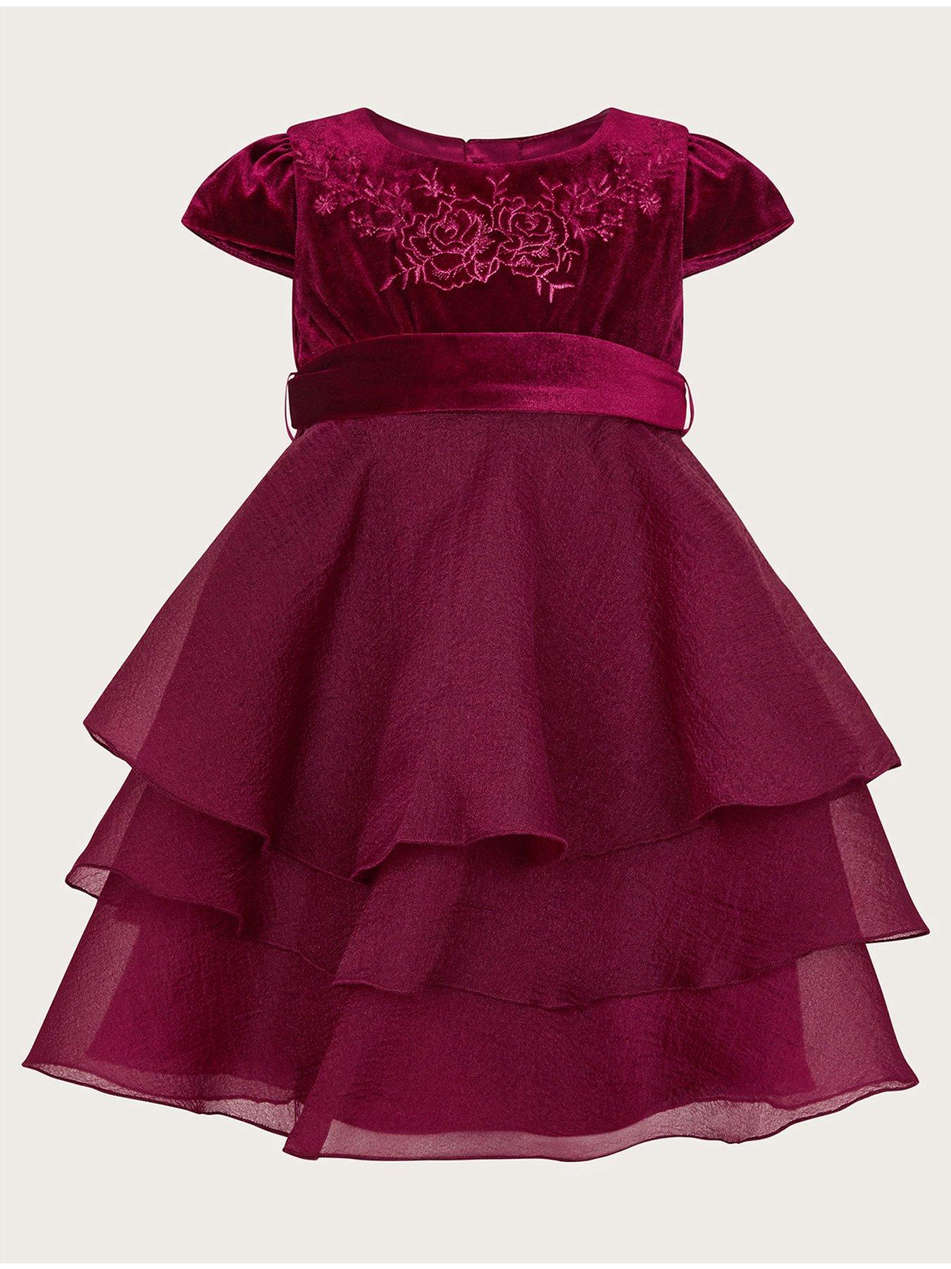 Monsoon Baby Girls Mabel Embroidered Velvet Dress Red littlewoods
