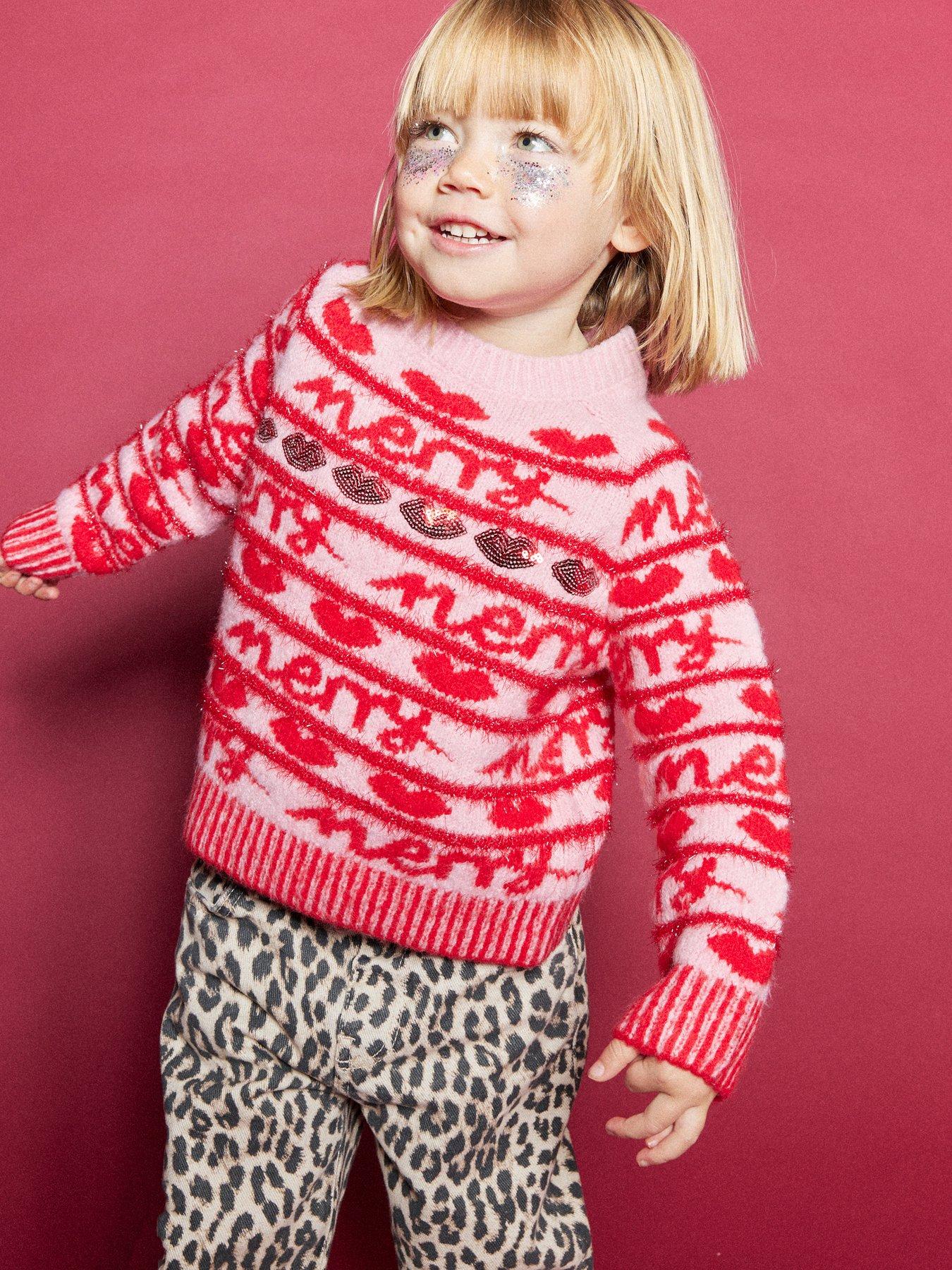 undefined Mini Girl Merry Lips Fairisle Christmas Jumper - Pink