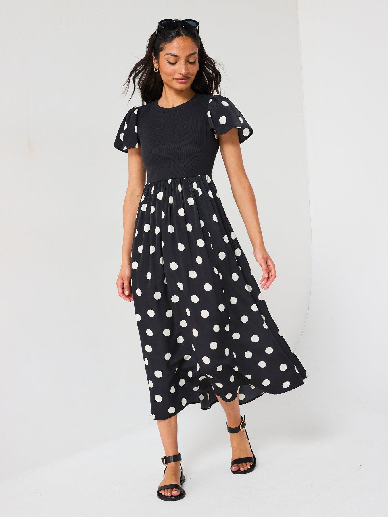  image of v-by-very-polka-dot-woven-mix-midi-dress-black
