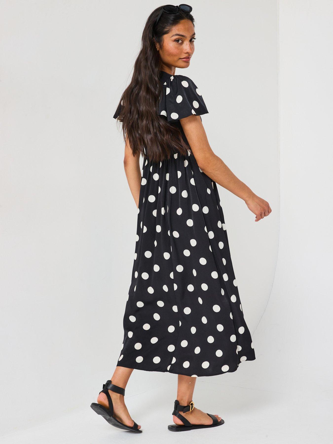  image of v-by-very-polka-dot-woven-mix-midi-dress-black