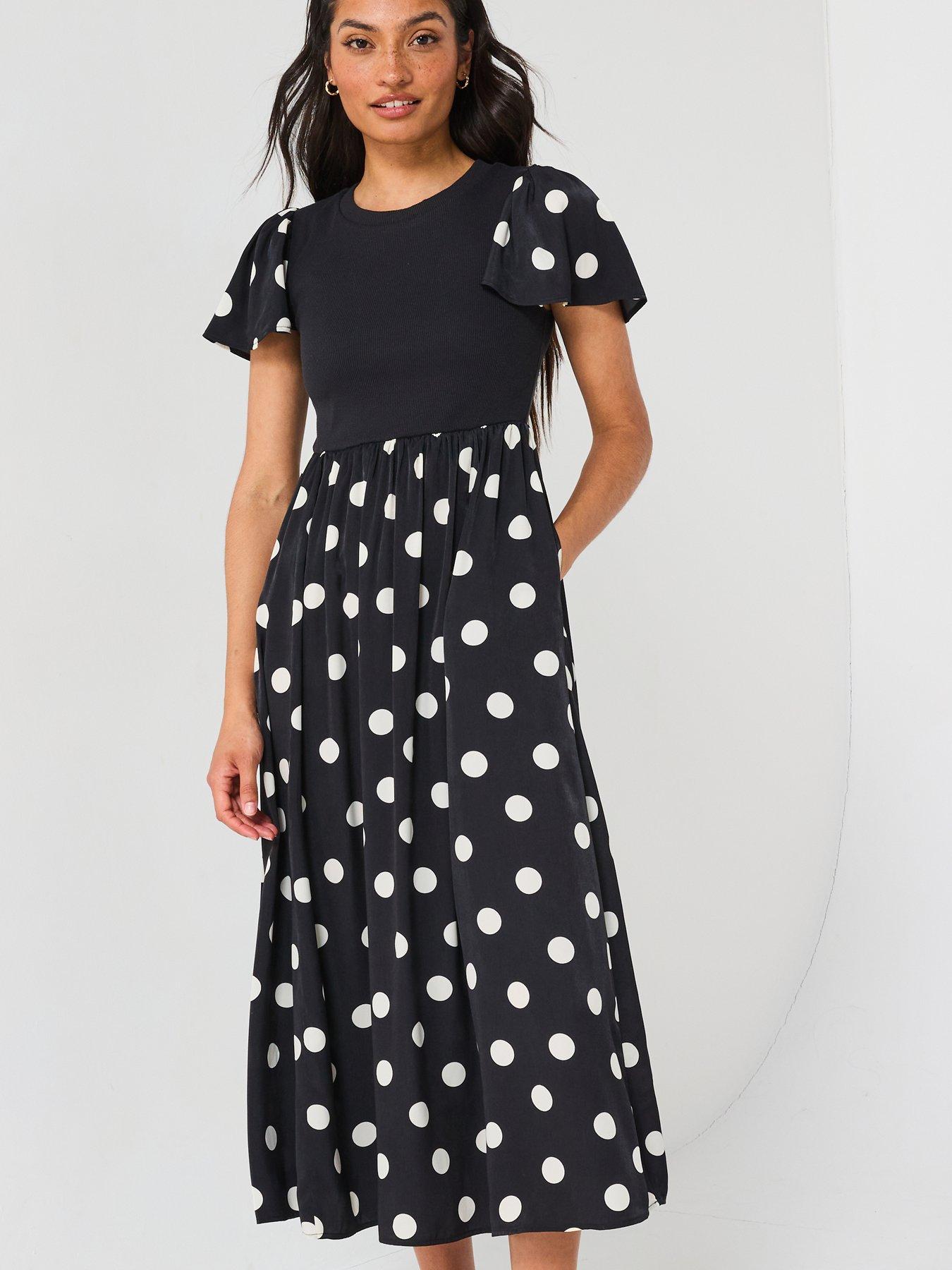  image of v-by-very-polka-dot-woven-mix-midi-dress-black