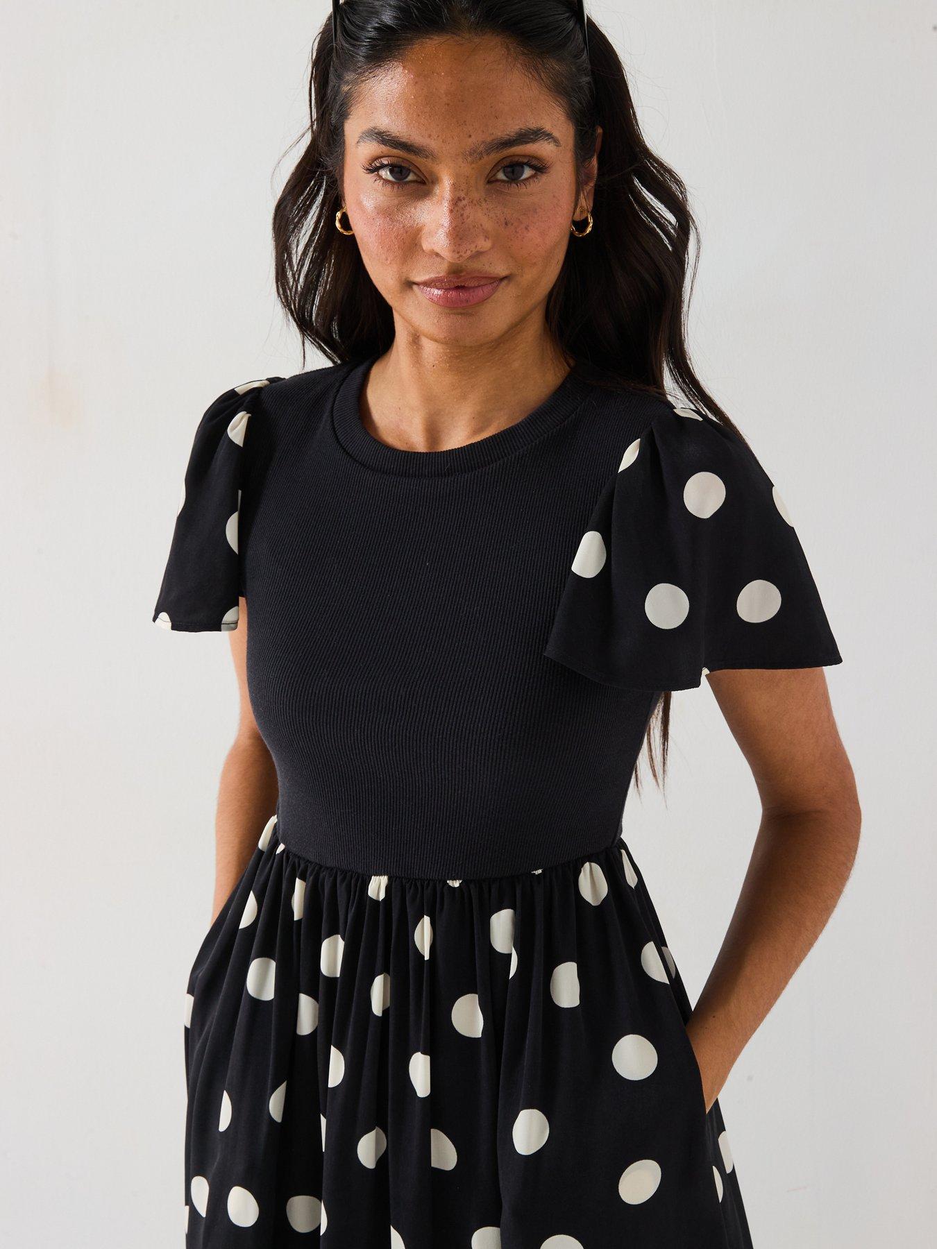  image of v-by-very-polka-dot-woven-mix-midi-dress-black