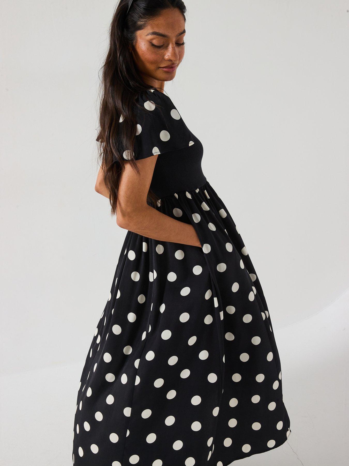  image of v-by-very-polka-dot-woven-mix-midi-dress-black
