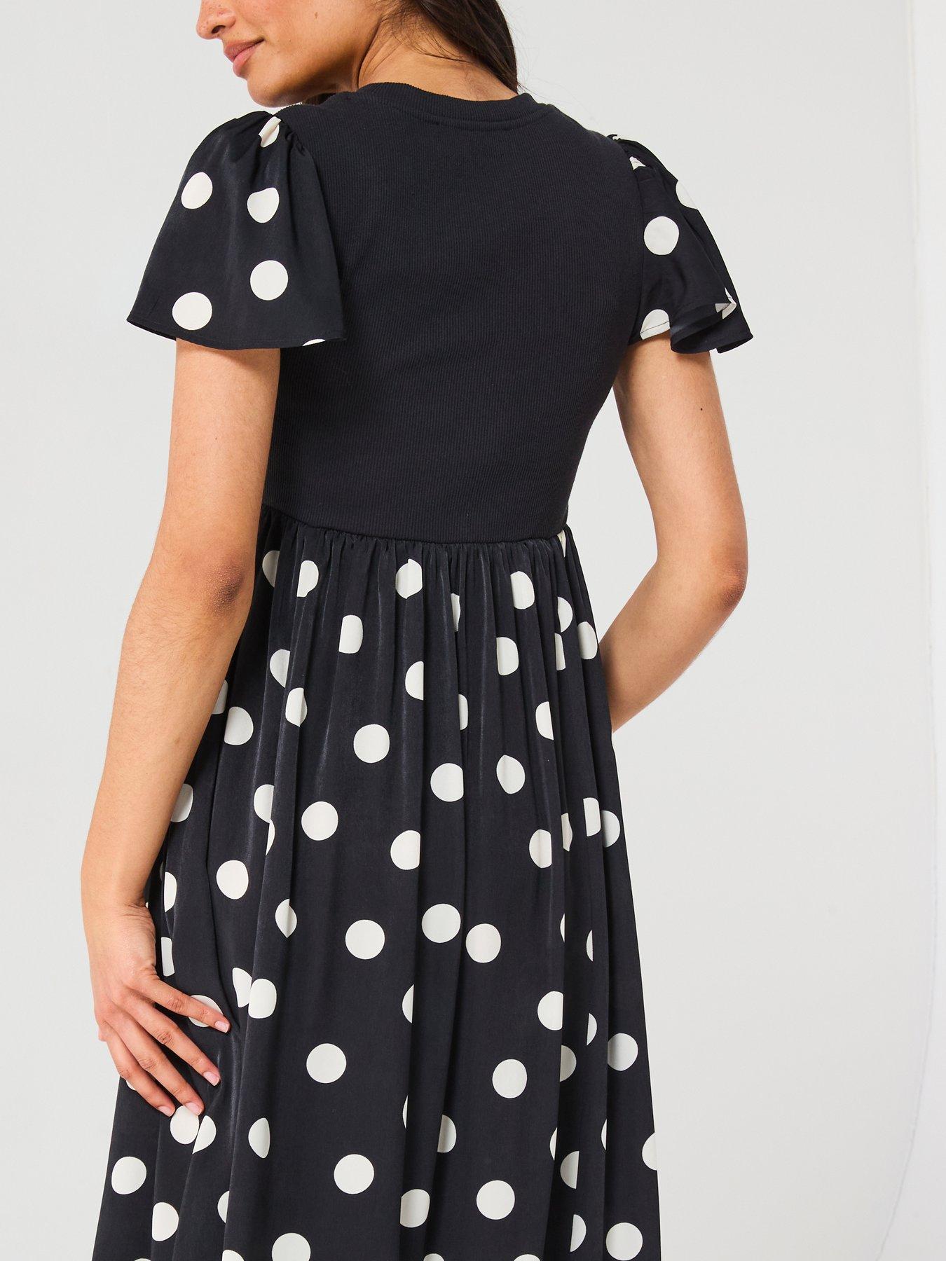  image of v-by-very-polka-dot-woven-mix-midi-dress-black