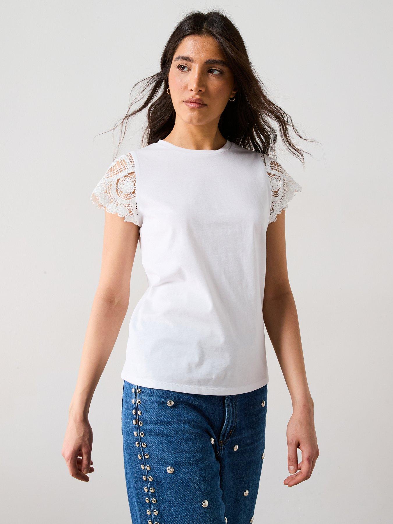  image of v-by-very-crochet-sleeve-t-shirt-white