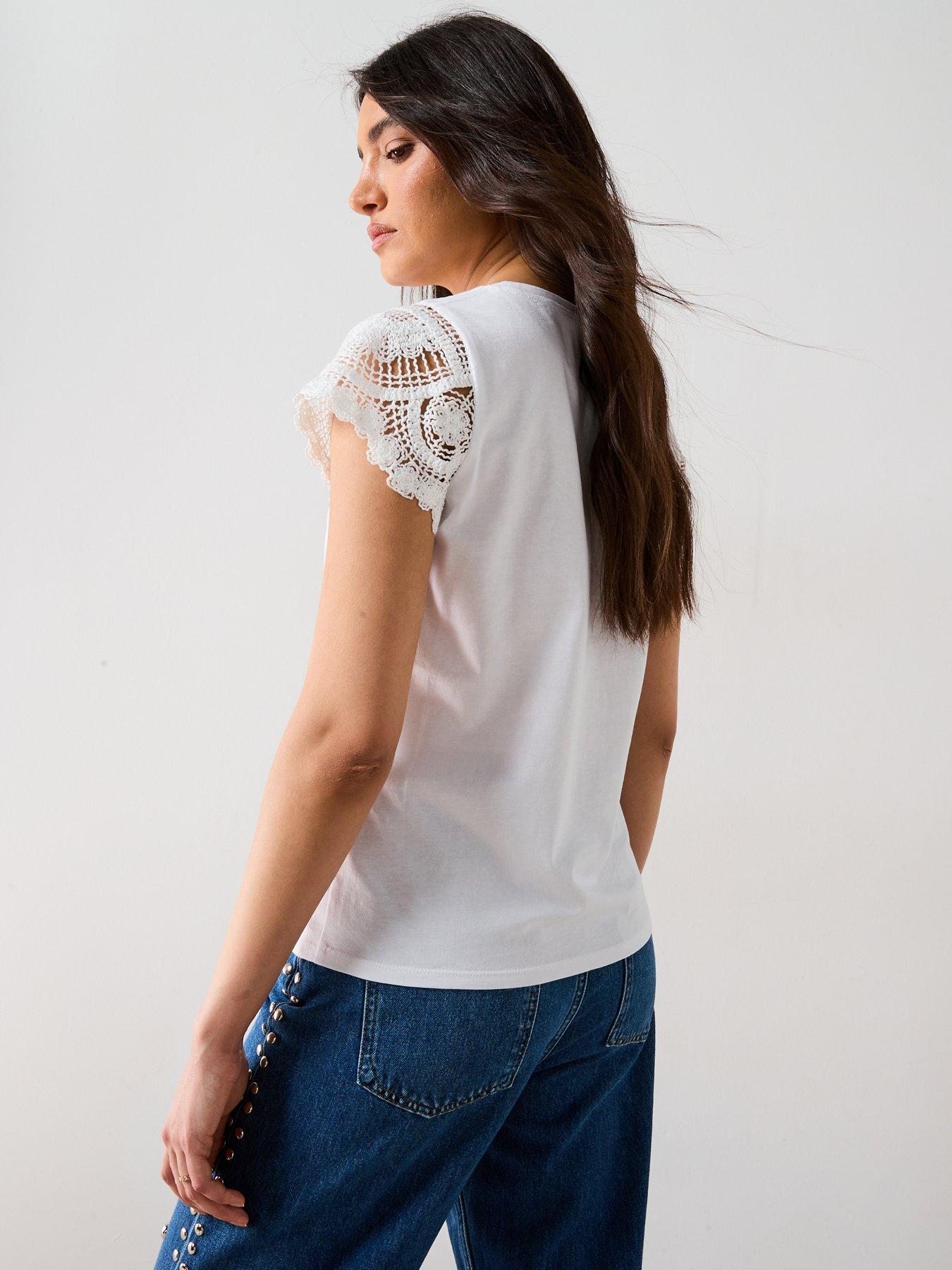 stillFront image of v-by-very-crochet-sleeve-t-shirt-white