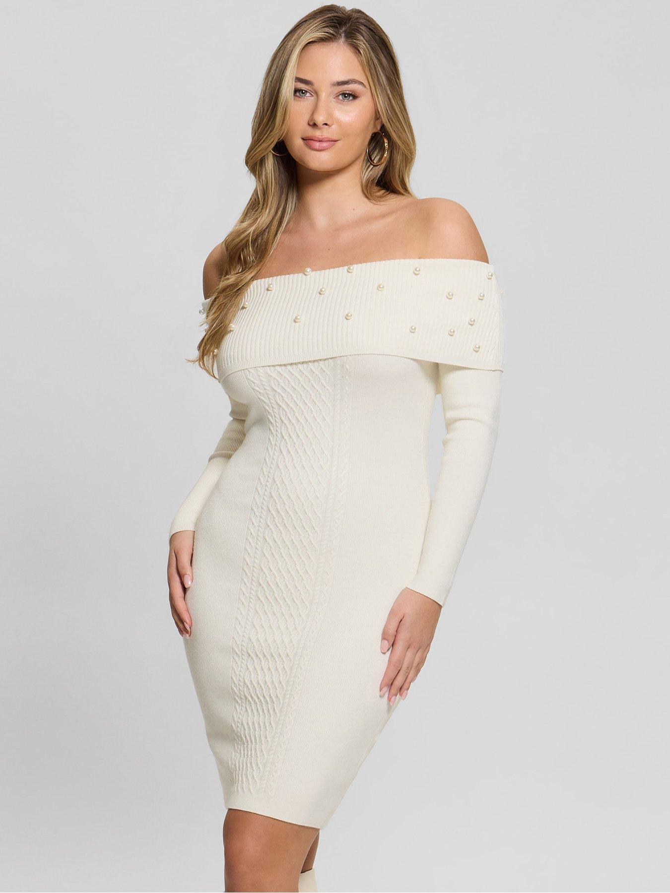  image of guess-long-sleeve-off-shoulder-bodycon-knit-dress-white
