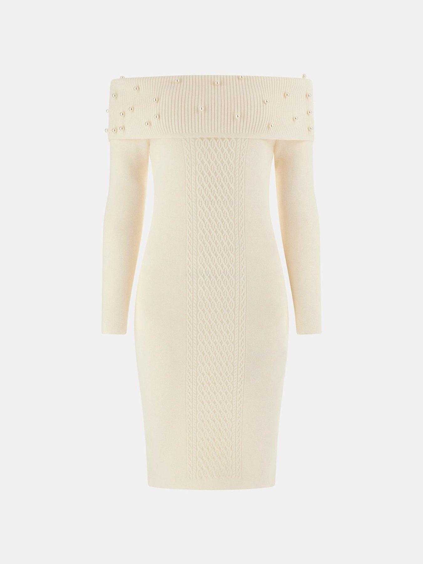  image of guess-long-sleeve-off-shoulder-bodycon-knit-dress-white