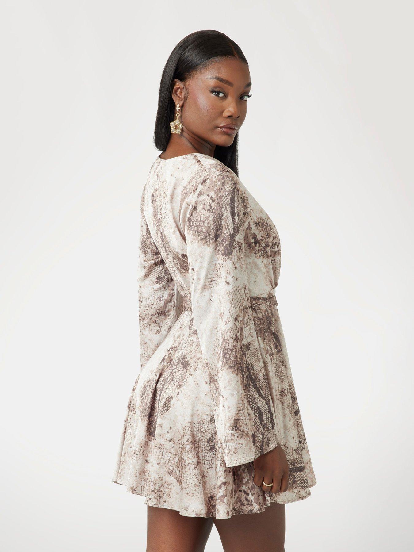  image of guess-new-laila-mini-flare-dress-long-sleeve-brown