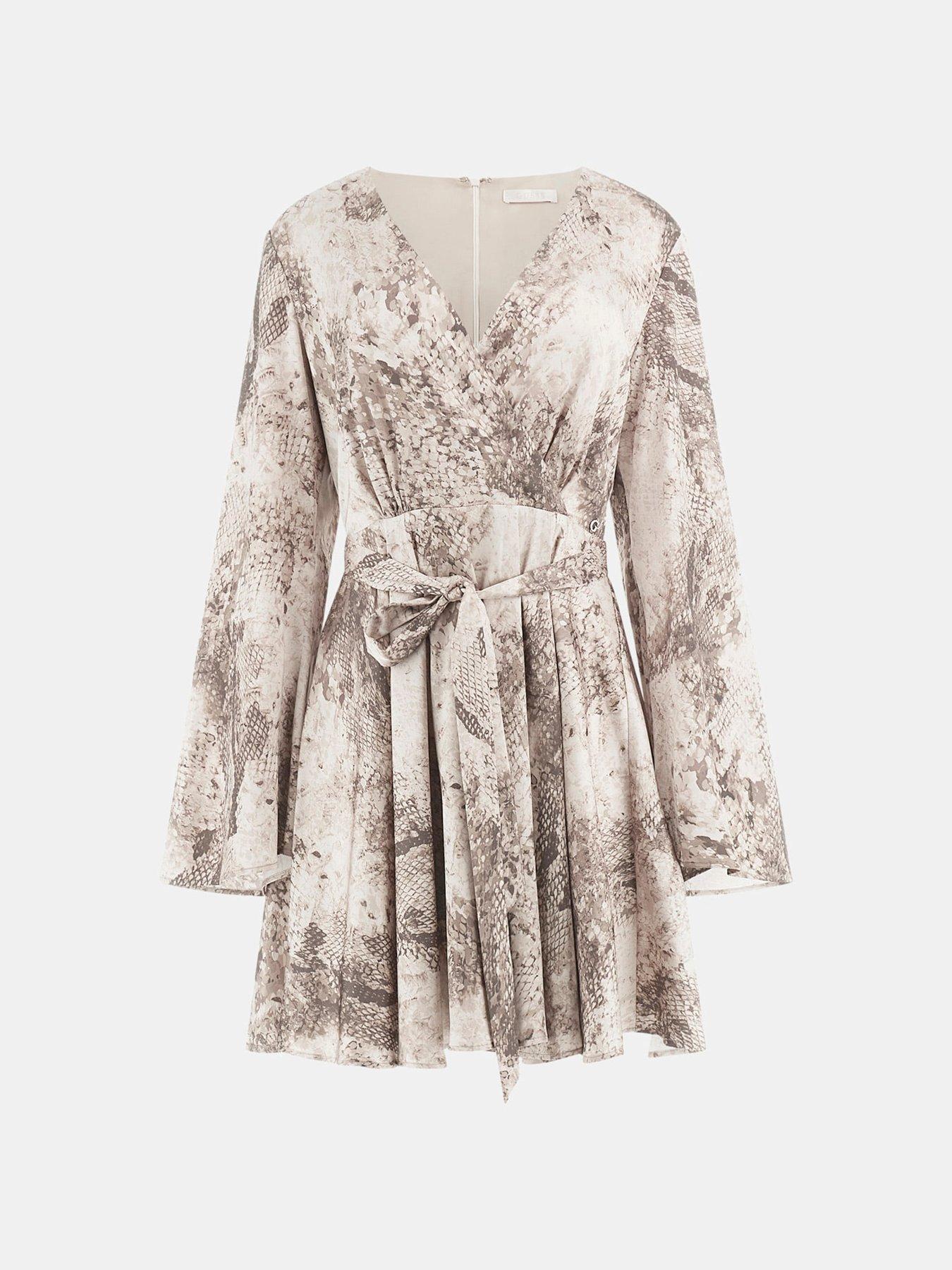  image of guess-new-laila-mini-flare-dress-long-sleeve-brown