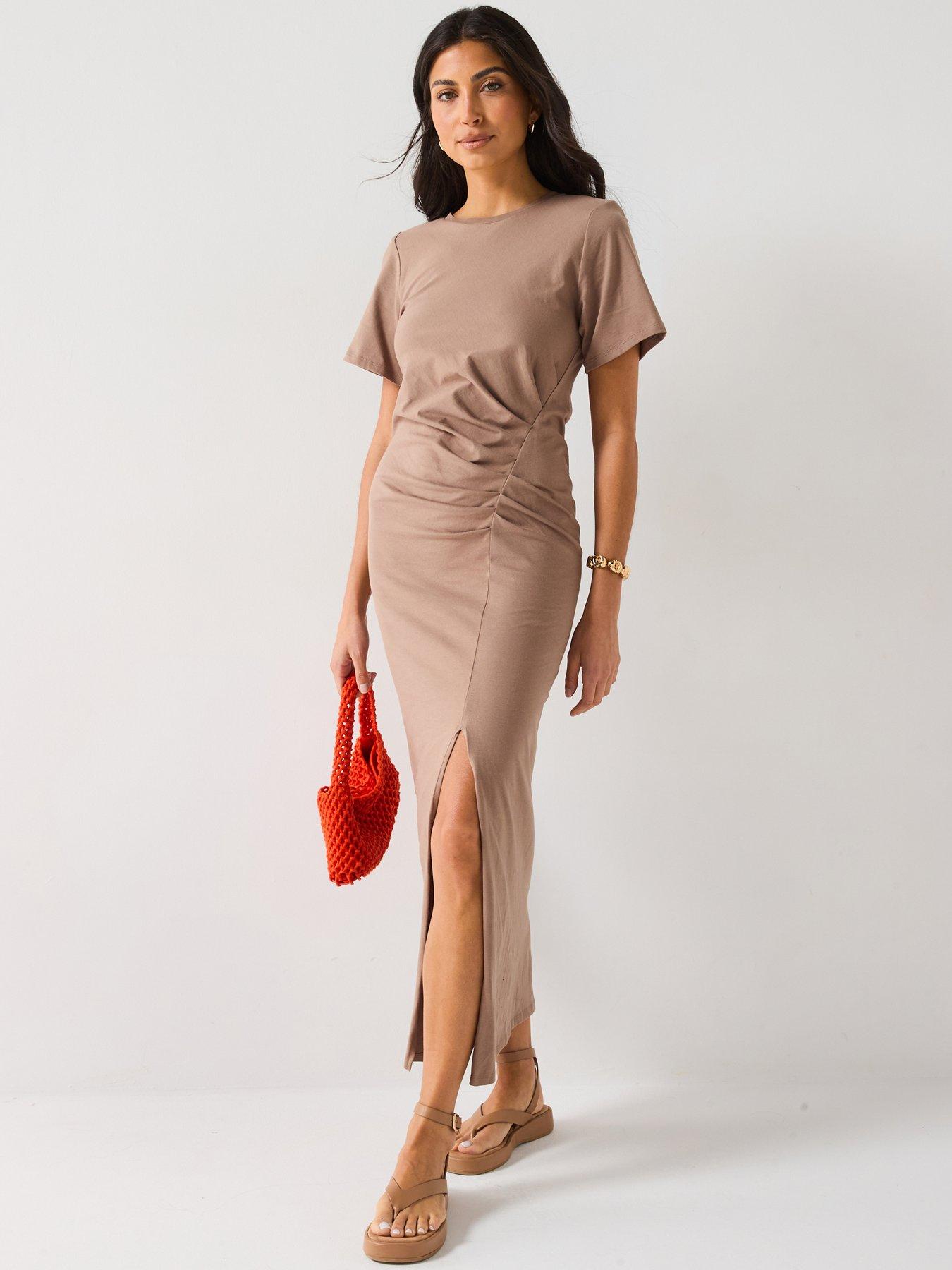 undefined Ruched Side Jersey Maxi Dress - Brown