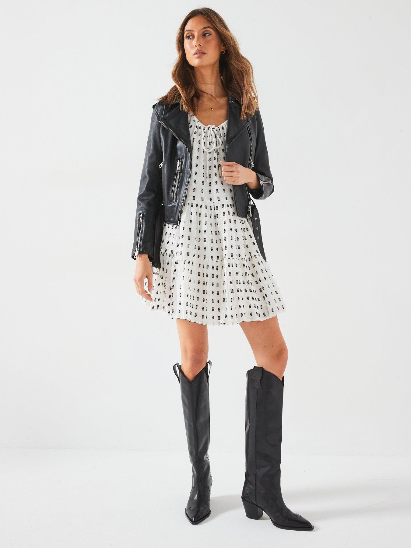 Image 1 of 6 of New Look Embroidered Tie Neck Smock Mini Dress - White/Print