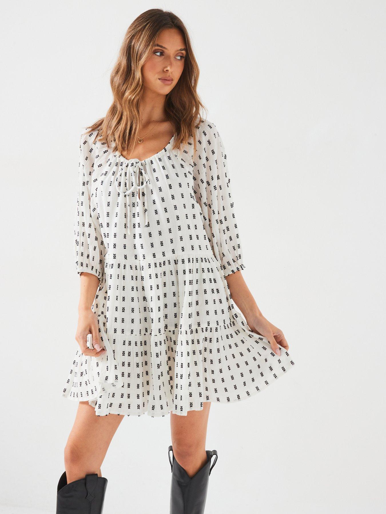 Image 3 of 6 of New Look Embroidered Tie Neck Smock Mini Dress - White/Print