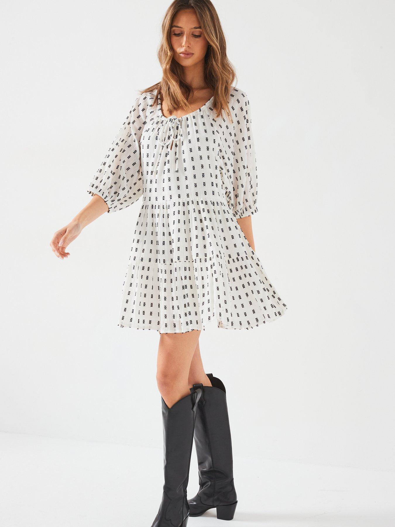 Image 5 of 6 of New Look Embroidered Tie Neck Smock Mini Dress - White/Print