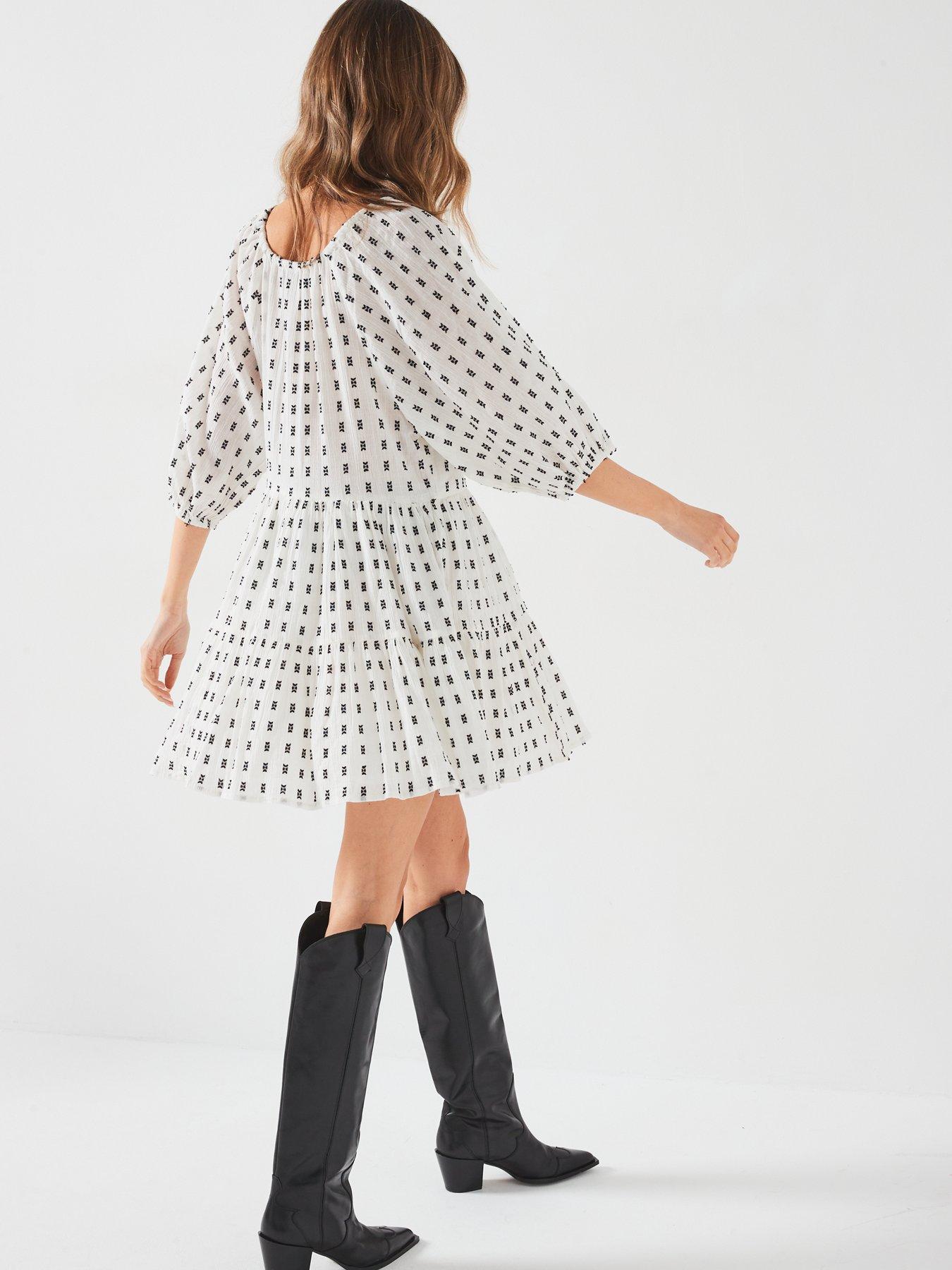 Image 6 of 6 of New Look Embroidered Tie Neck Smock Mini Dress - White/Print