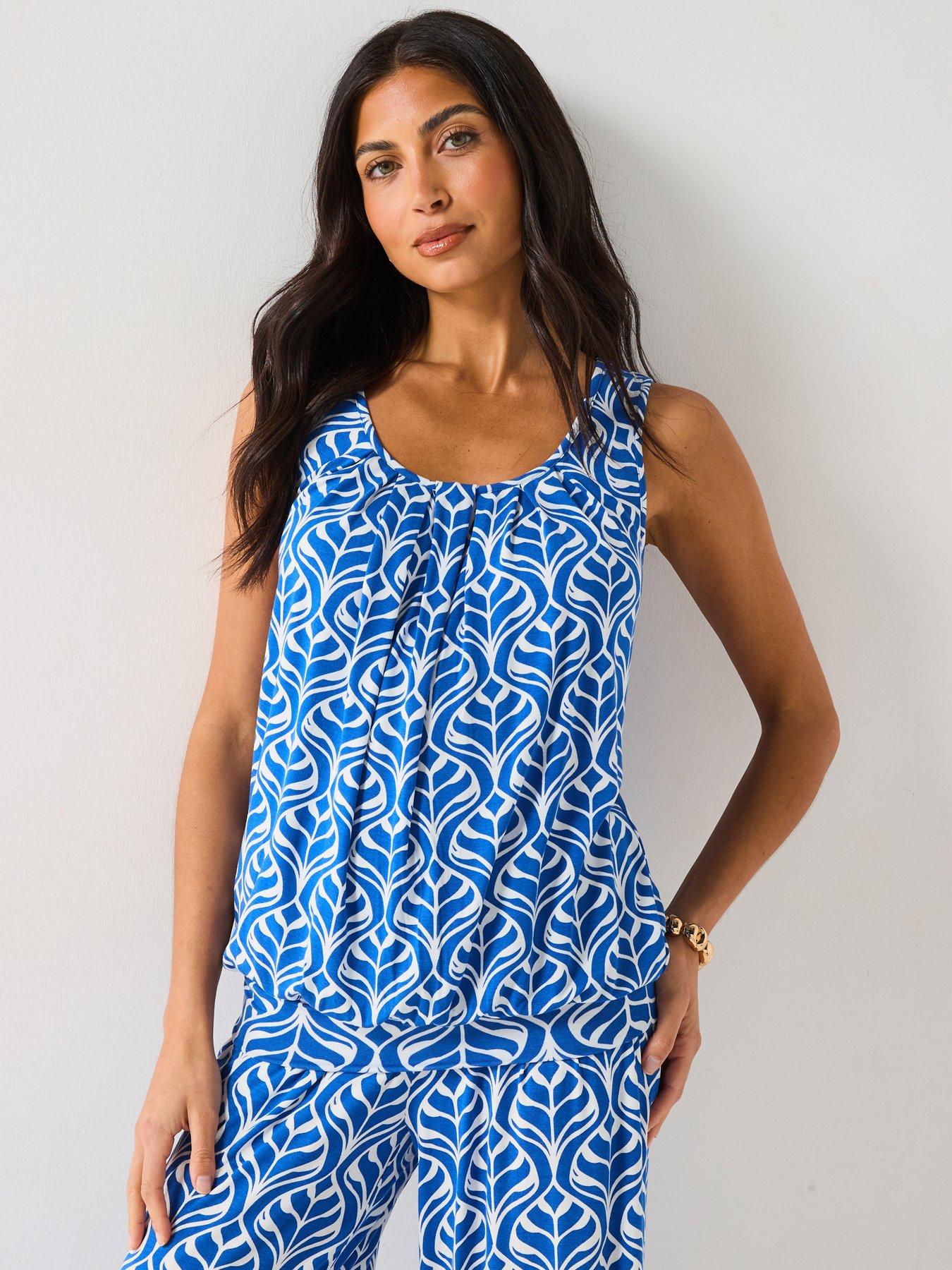 front image of everyday-bubble-hem-vest-top-blue-leaf