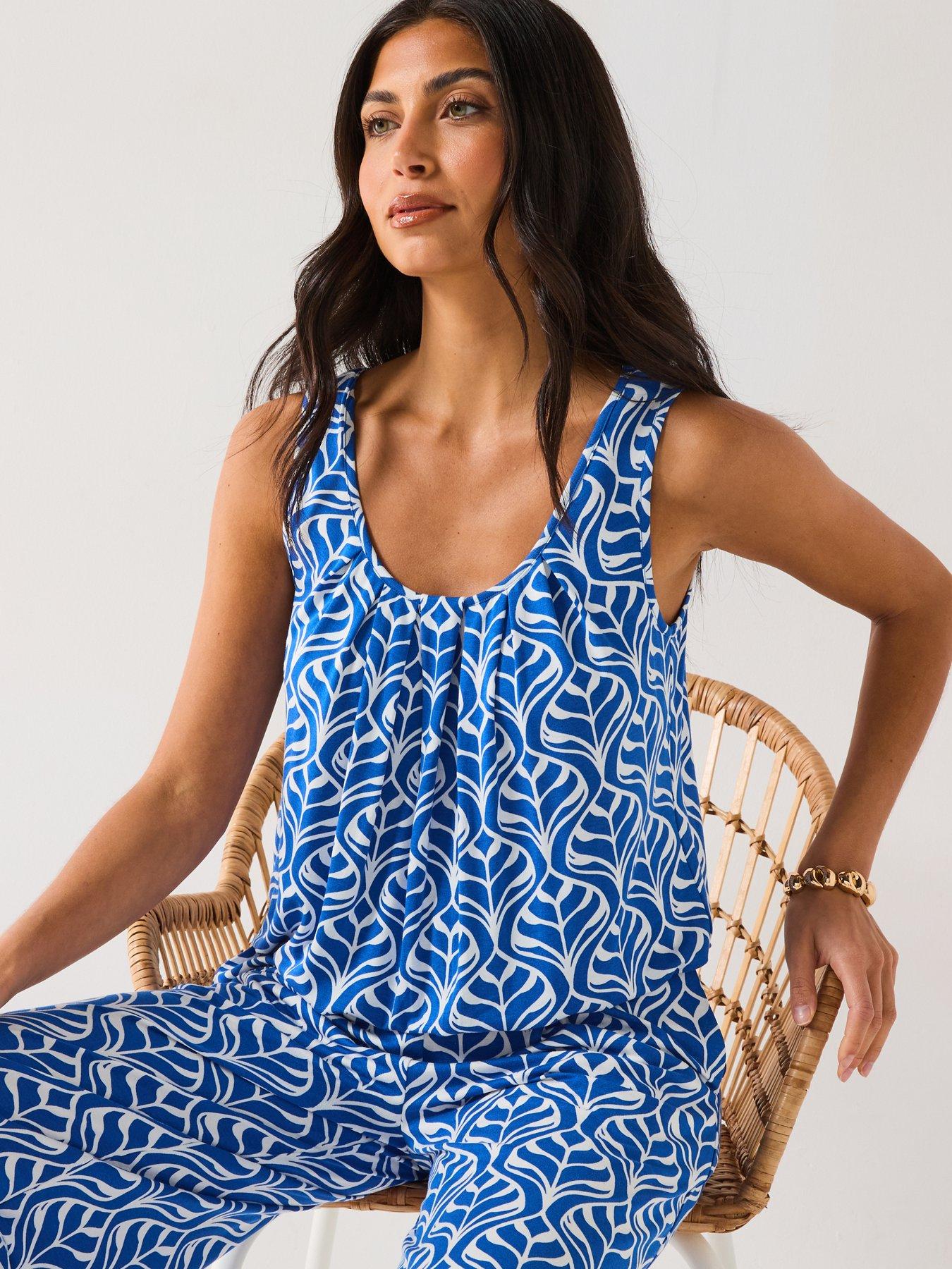  image of everyday-bubble-hem-vest-top-blue-leaf