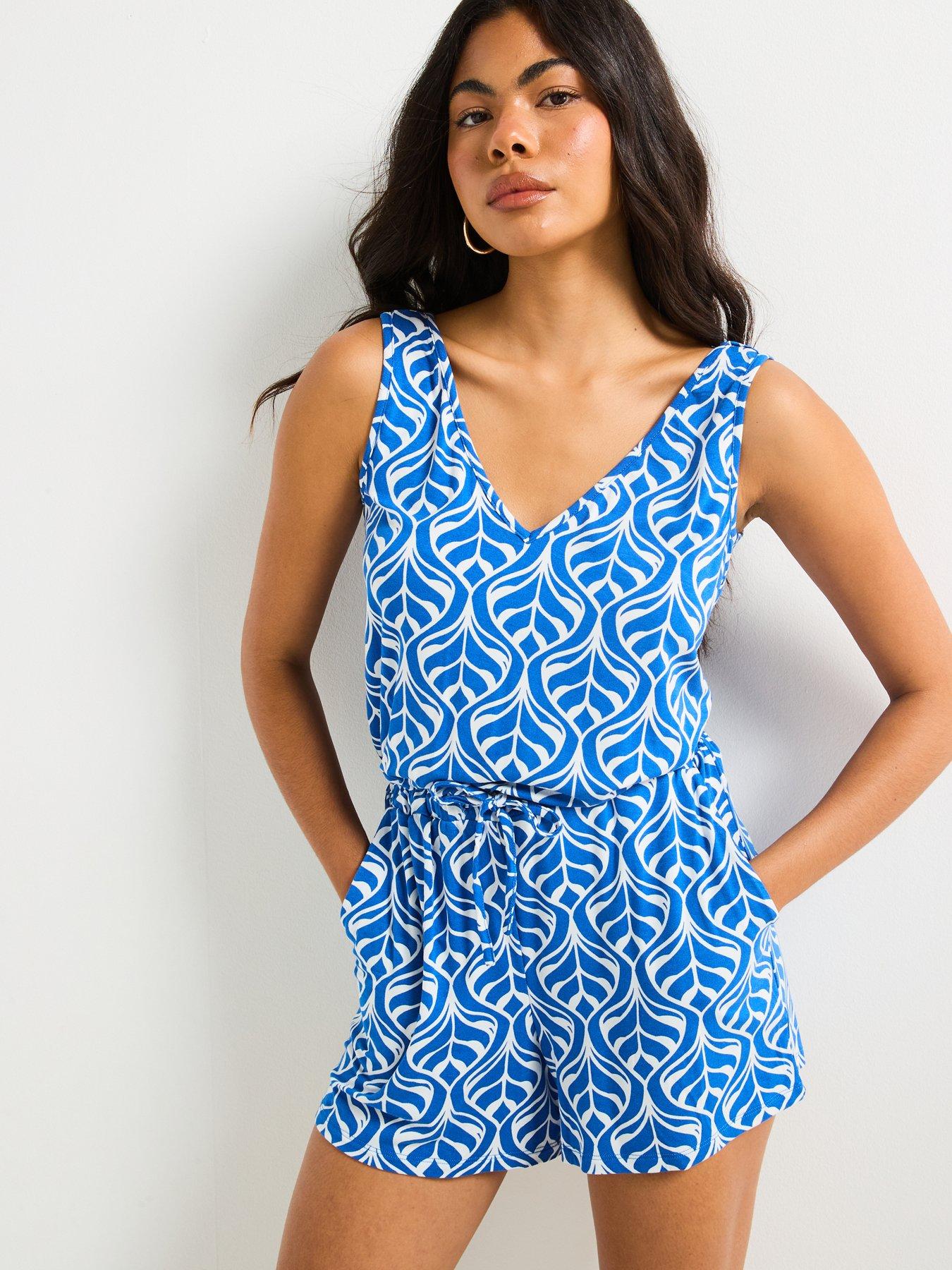  image of everyday-v-neck-playsuit-blue-leaf