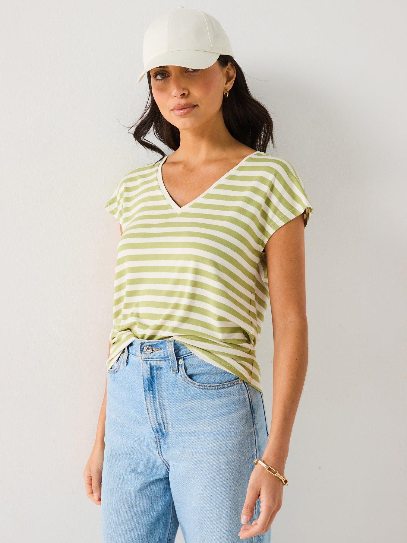 undefined The Essential V Neck T-Shirt Stripe - Sage