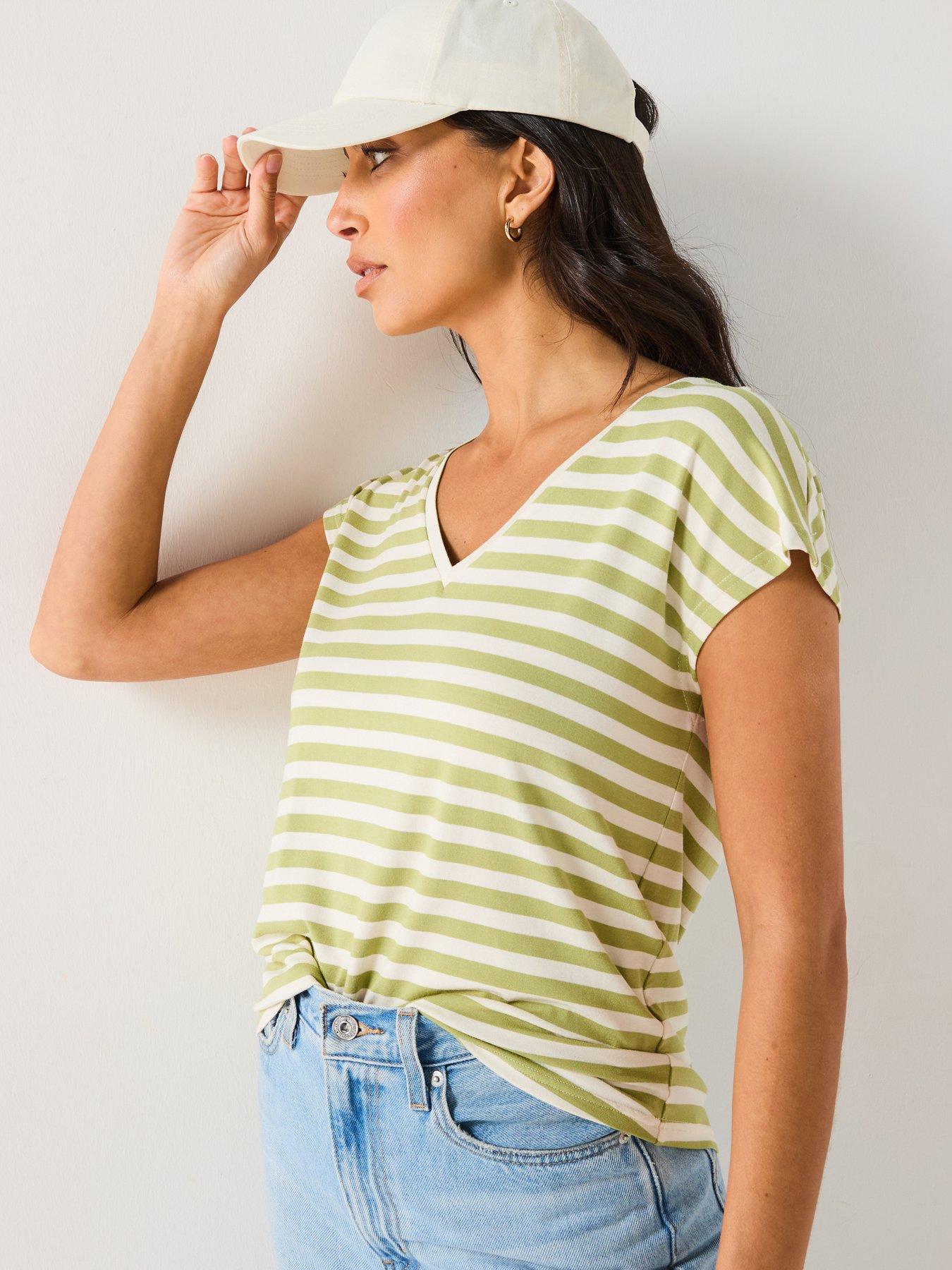  image of everyday-the-essential-v-neck-t-shirt-stripe-sage