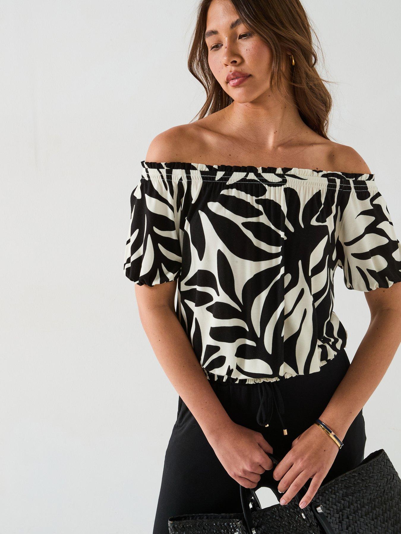 undefined Bardot Shirred Waist Top - Mono Palm Print